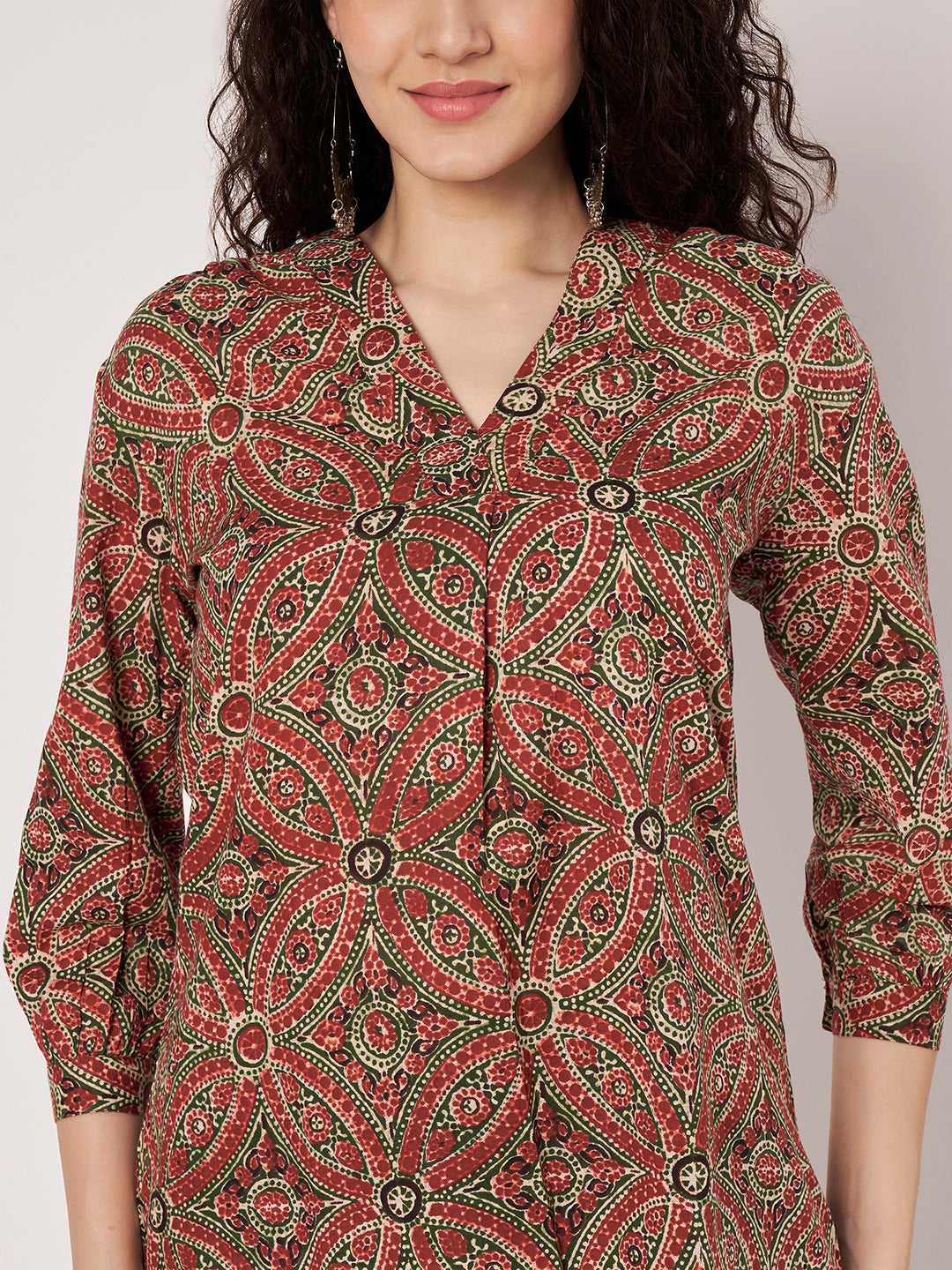 Maroon Printed V-Neck Cotton Top