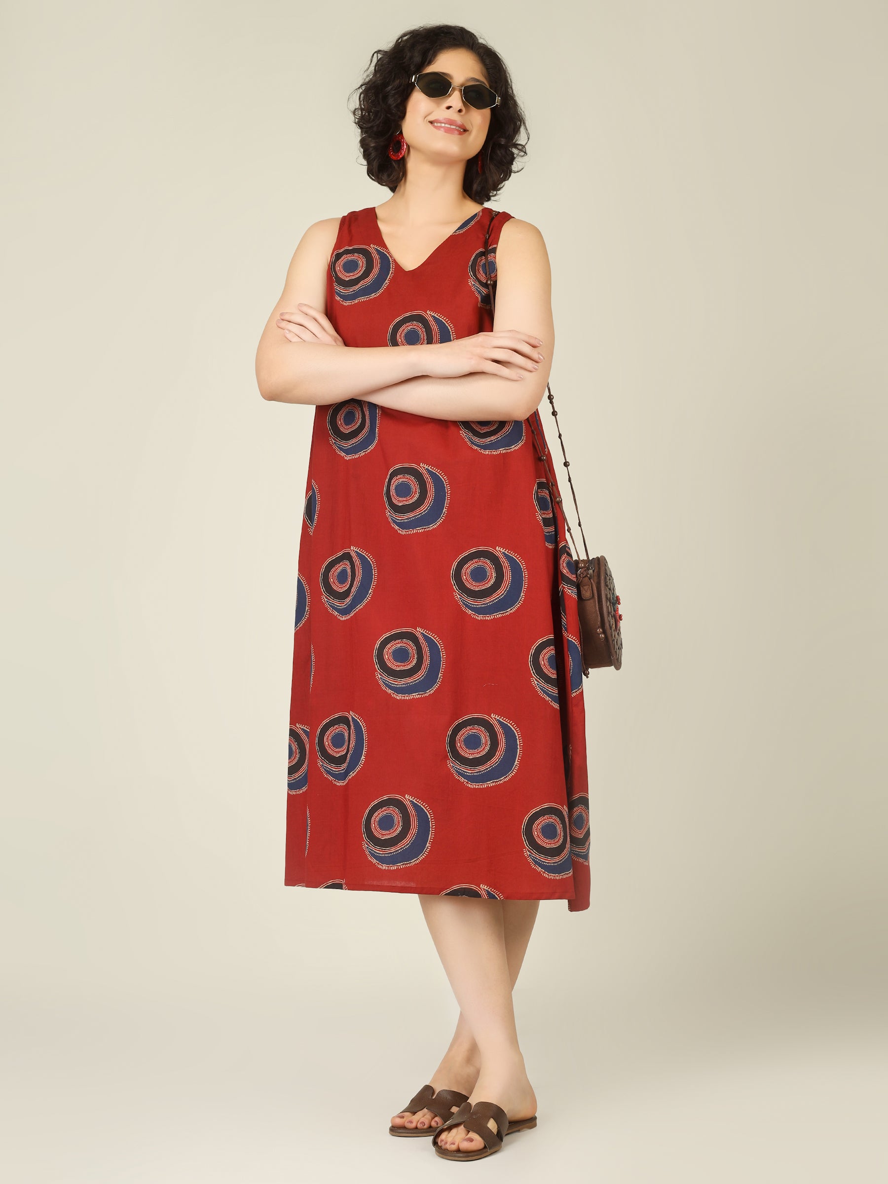 Maroon Printed V-Neck Sleeveless A-Line Cotton Dress