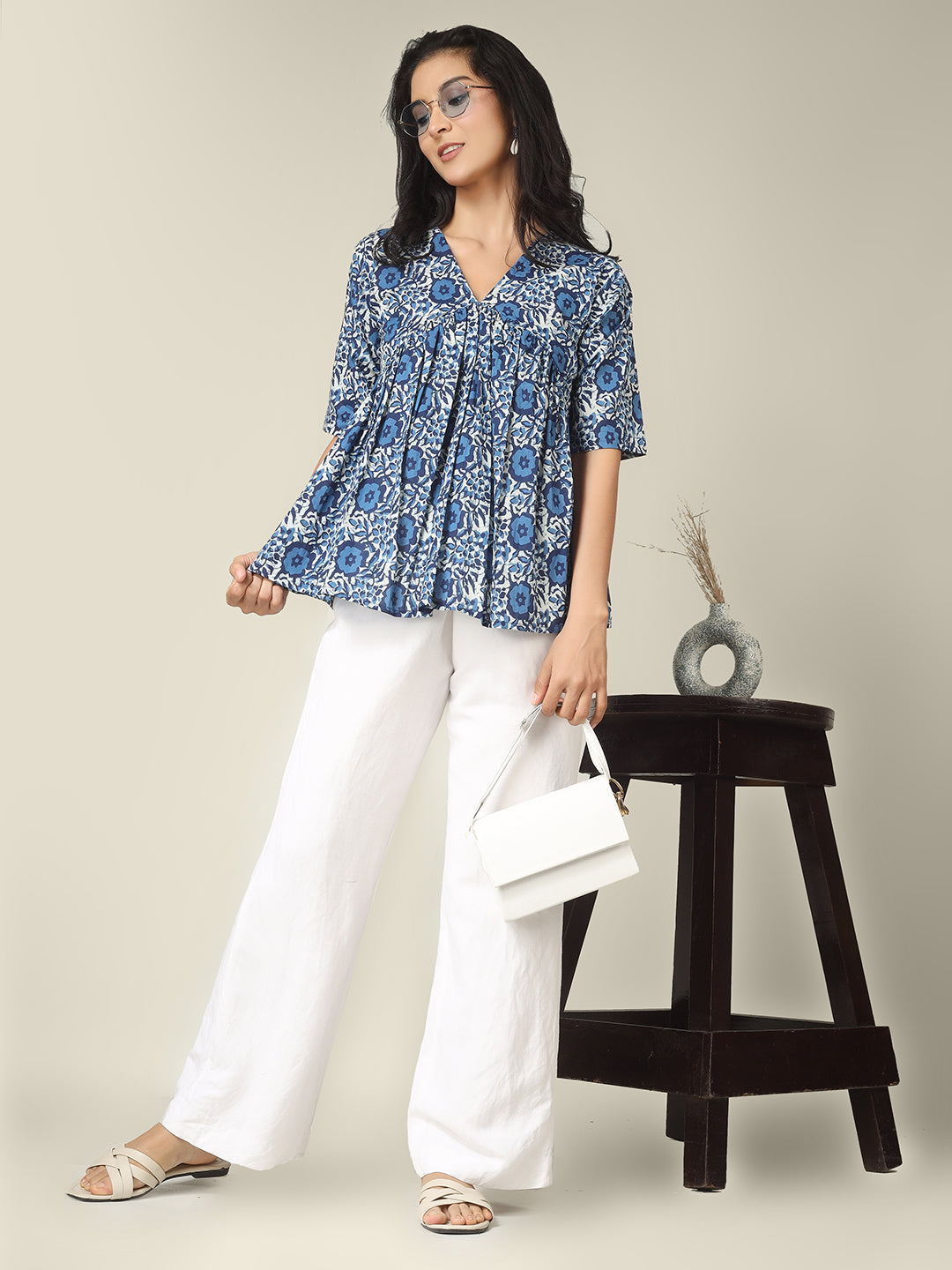 Blue Printed Half-Sleeve Alia-Cut Cotton Peplum Top