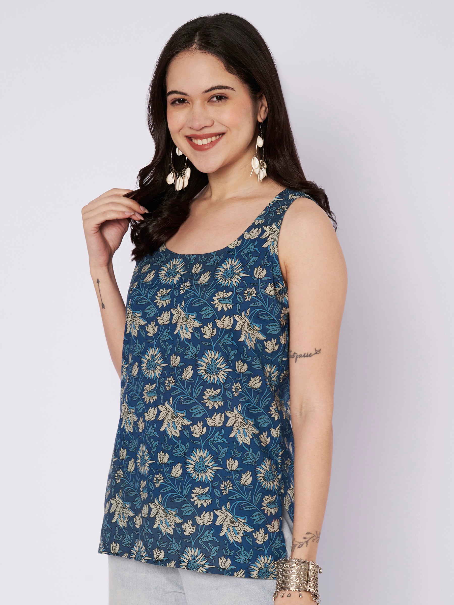 Blue Printed Sleeveless Cotton Top