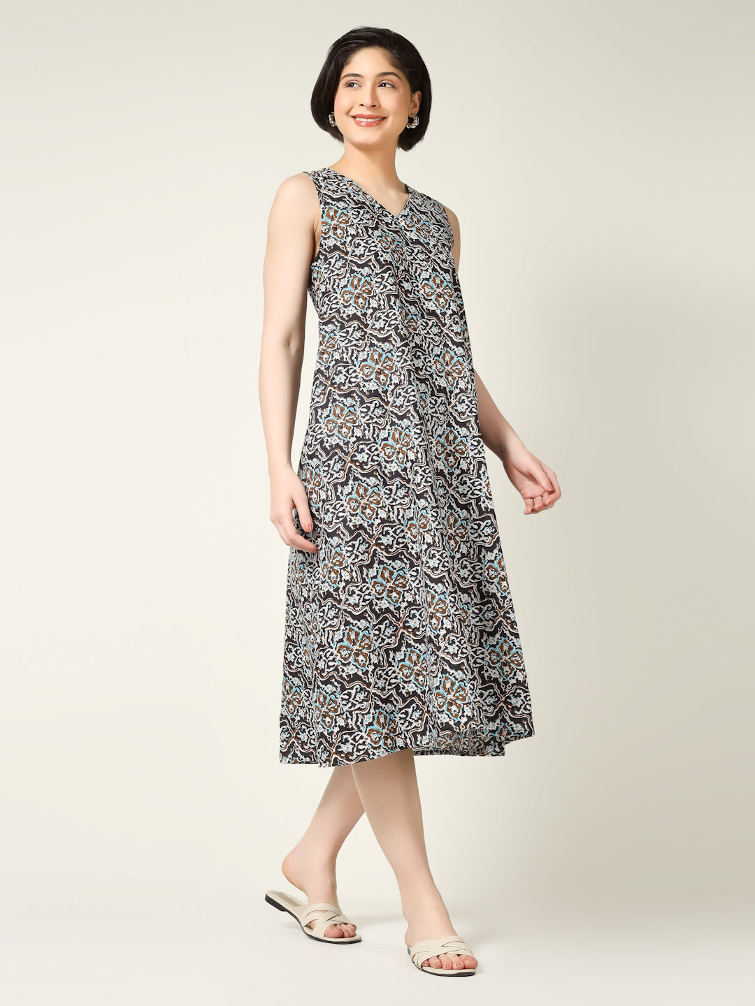 Black Printed Sleeveless V-Neck A-Line Cotton Dress