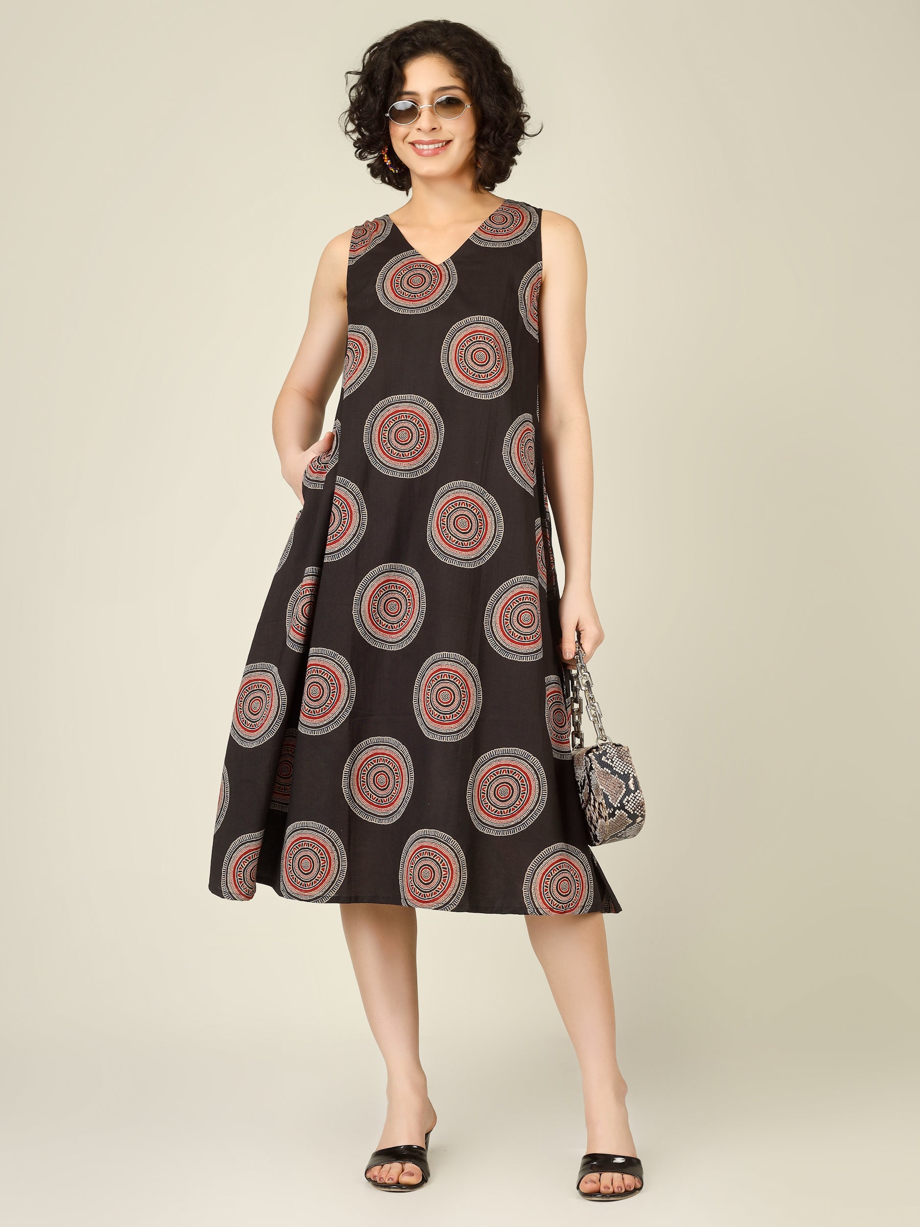 Black Printed V-Neck Sleeveless A-Line Cotton Dress