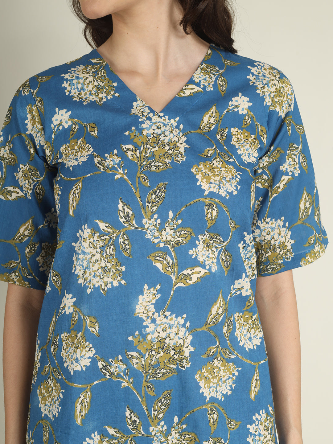 Blue Printed Half-Sleeve A-Line Cotton Dress