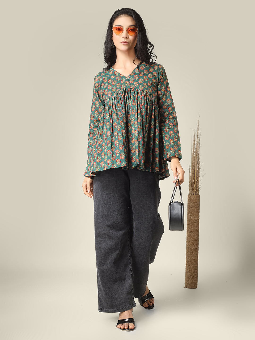 Green Printed Alia-Cut Cotton Peplum Top