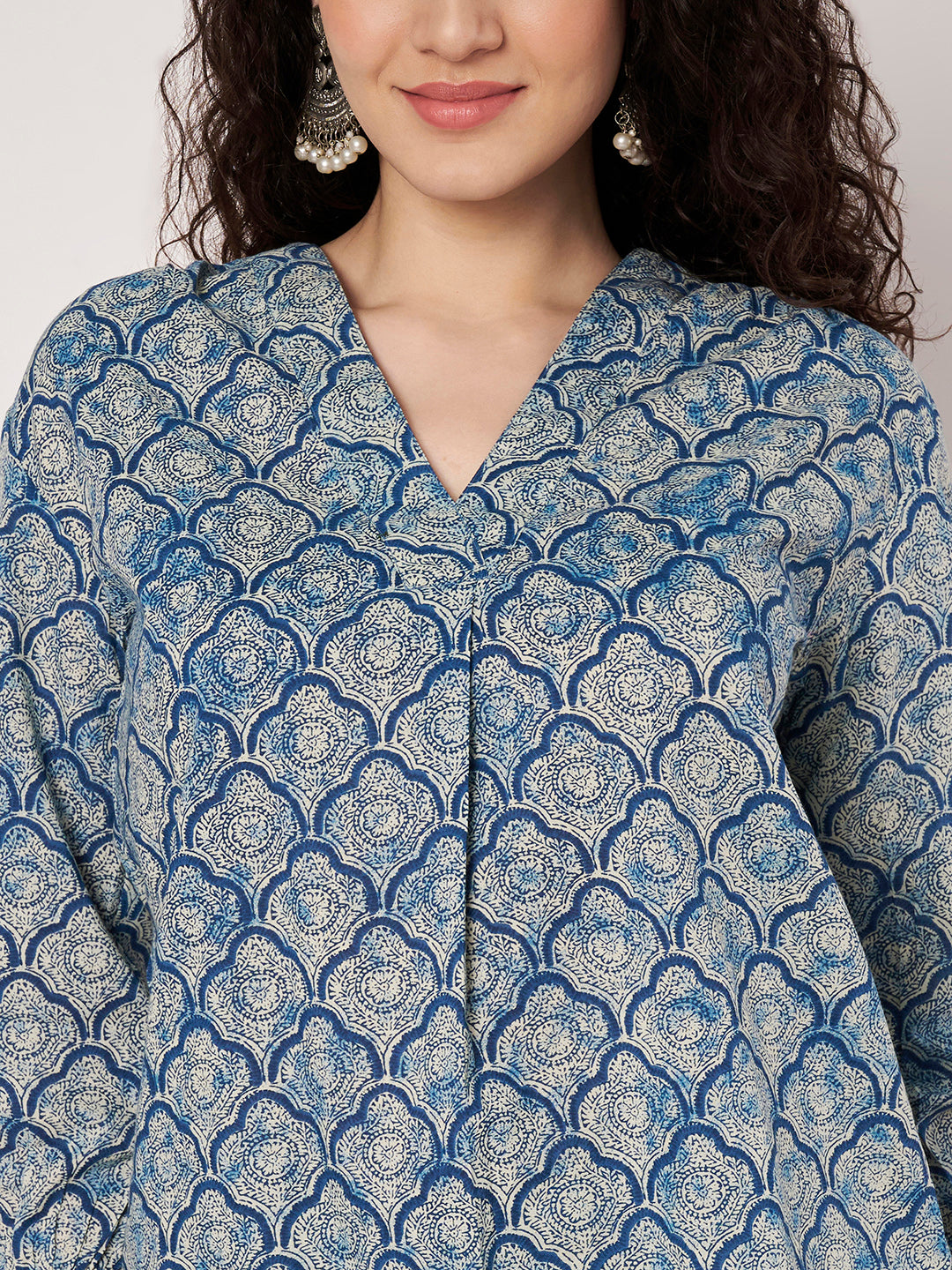 Light Blue Printed V-Neck Cotton Top