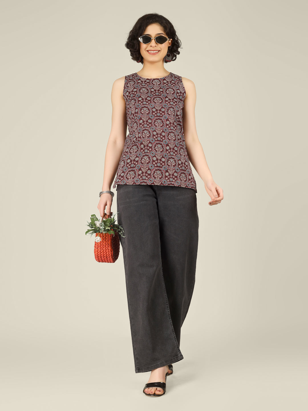 Brown Printed Round Neck Sleeveless Cotton Top