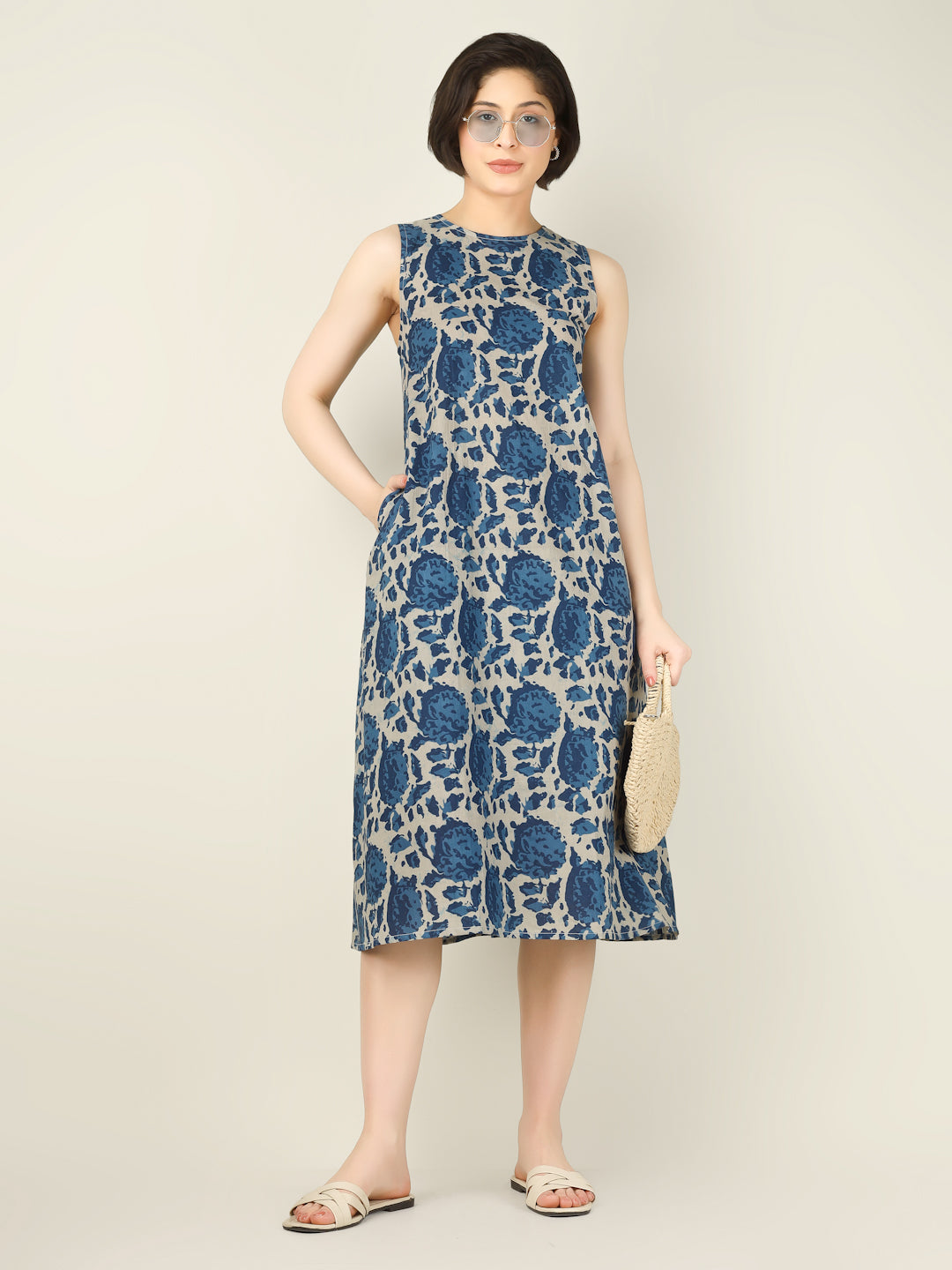 Blue Printed Sleeveless A-Line Cotton Dress