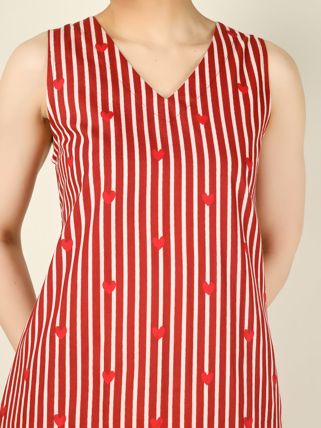 Red Striped Sleeveless V-Neck A-Line Cotton Dress
