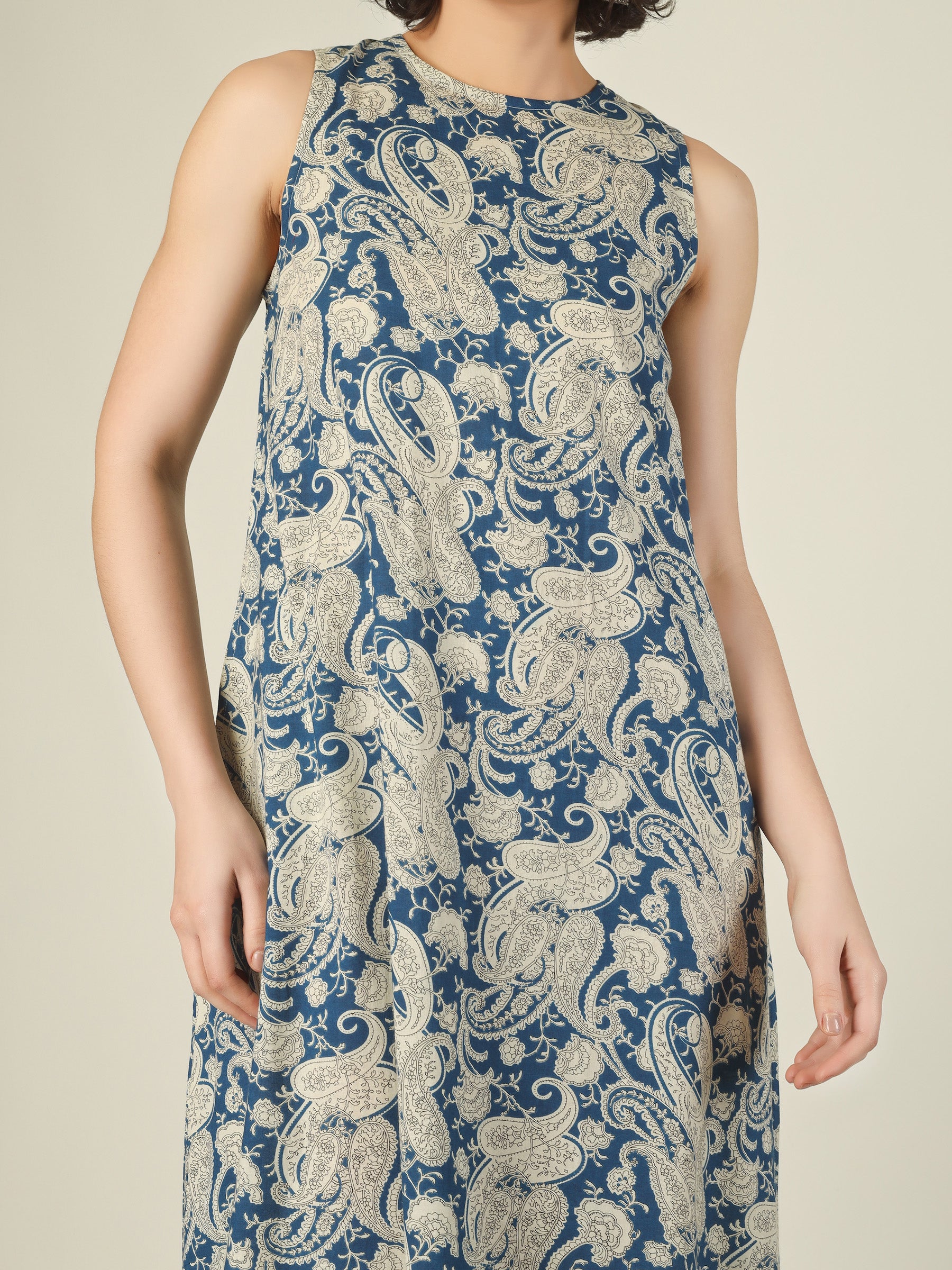Blue Printed Sleeveless A-Line Cotton Dress