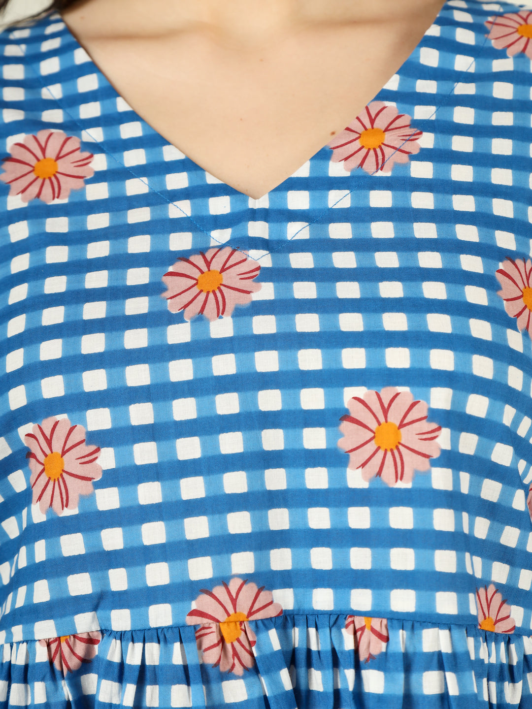 Blue Checked Cotton Peplum Top