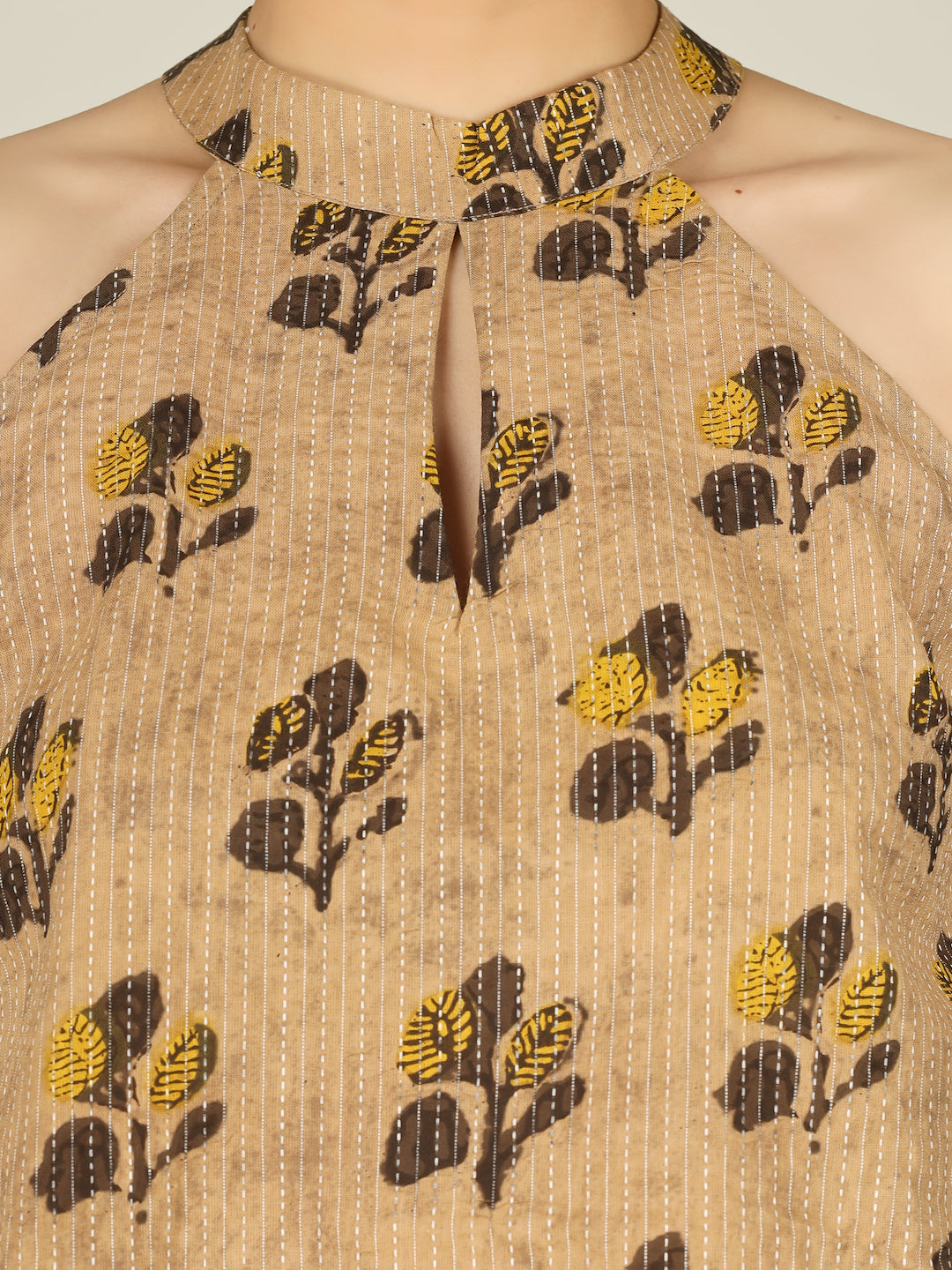 Beige Printed Halter Neck Sleeveless Cotton Top