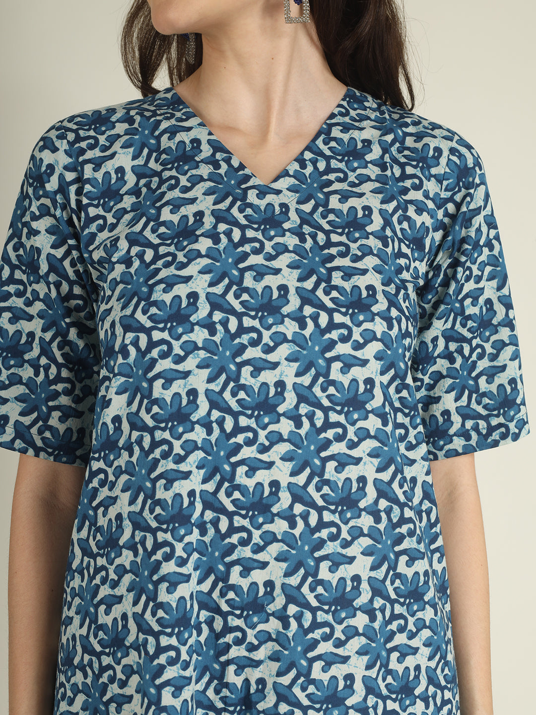 Blue Printed Half-Sleeve A-Line Cotton Dress