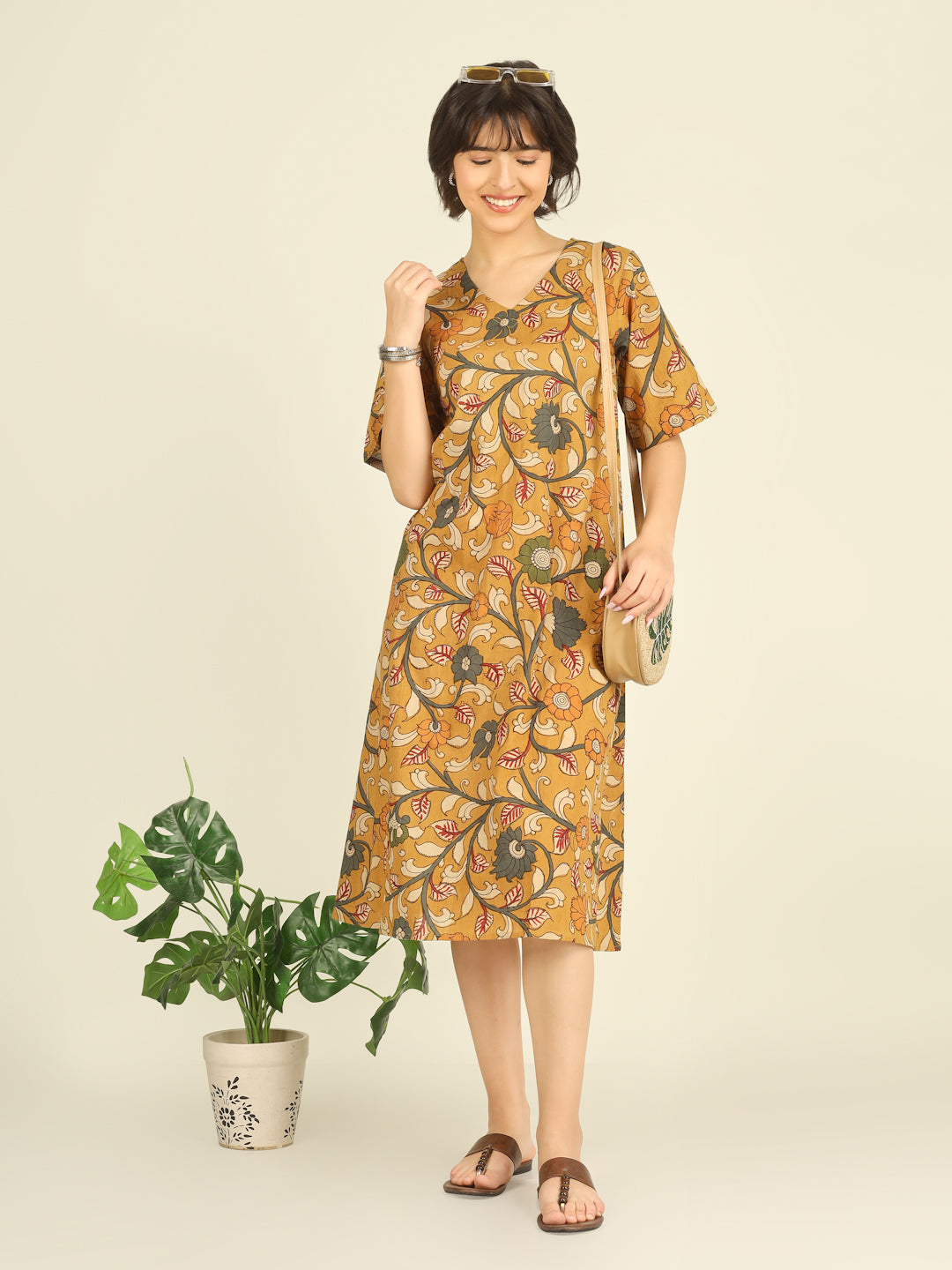 Mustard Printed Half-Sleeve A-Line Cotton Dress