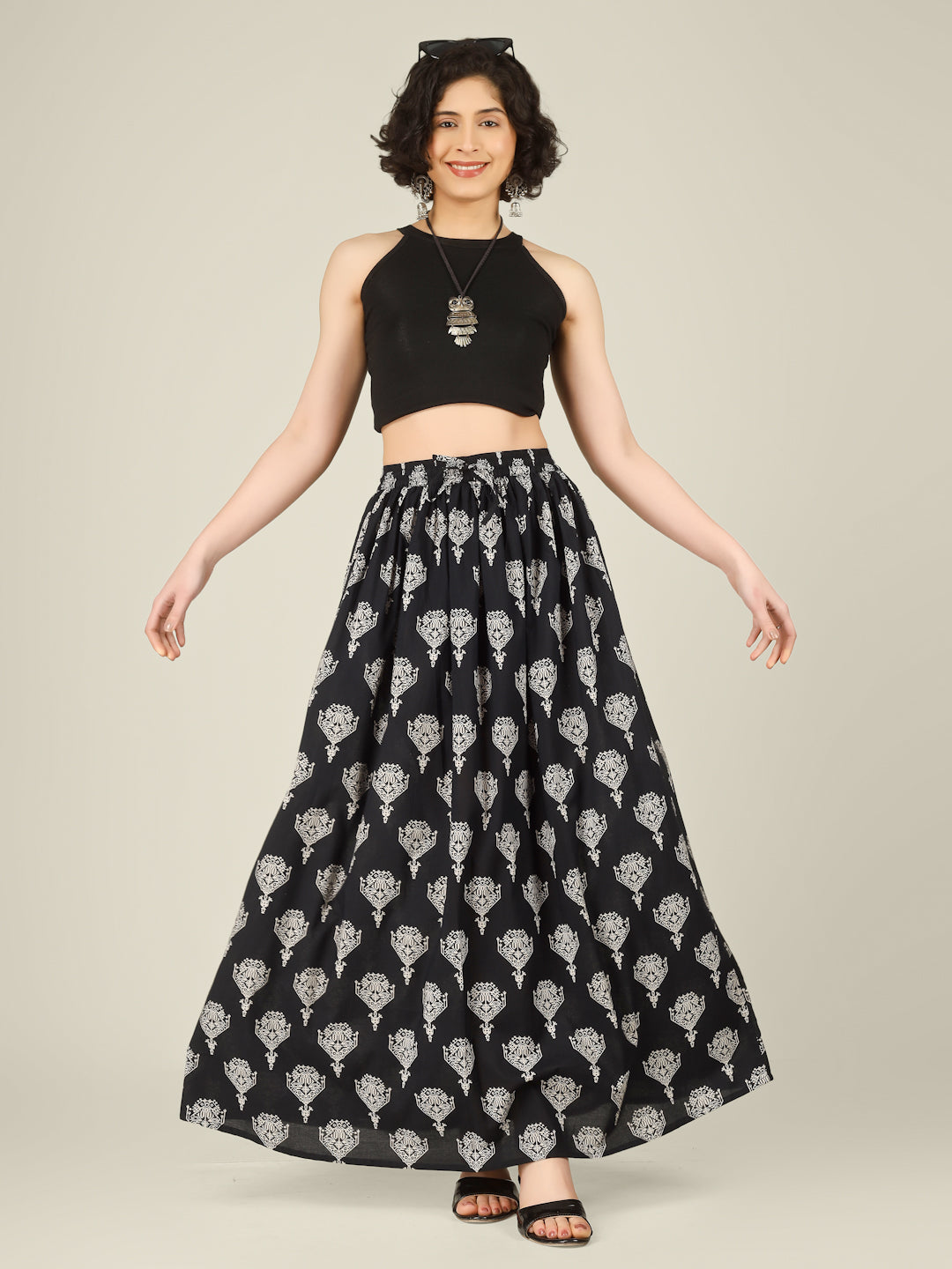 Black Printed Cotton Maxi Skirt