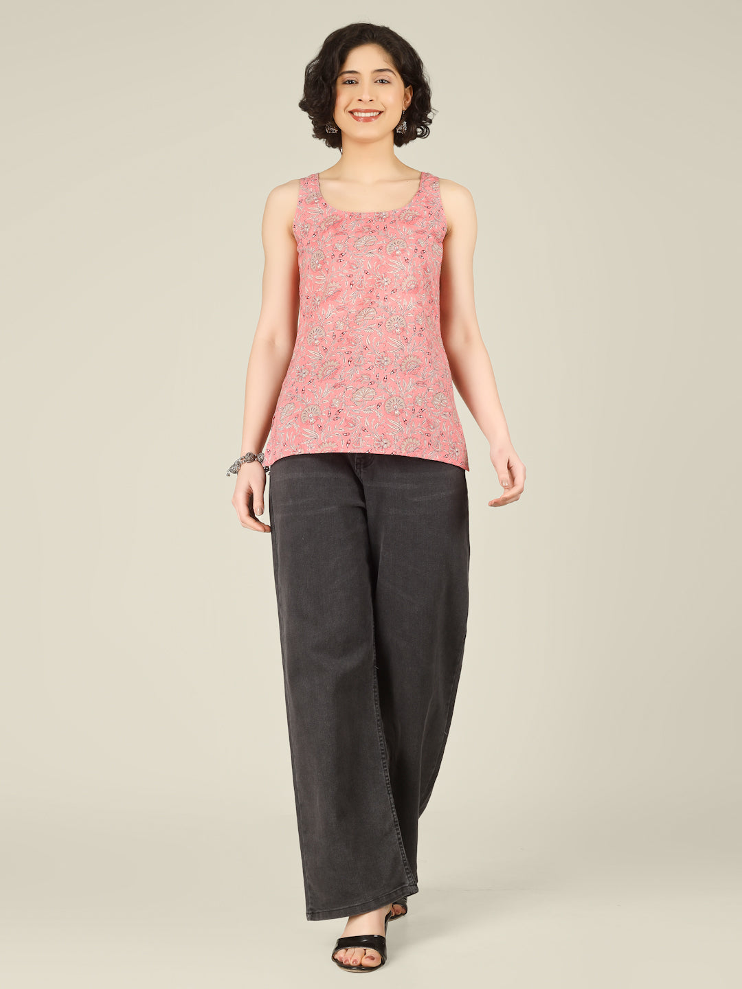 Peach Printed Round Neck Sleeveless Cotton Top