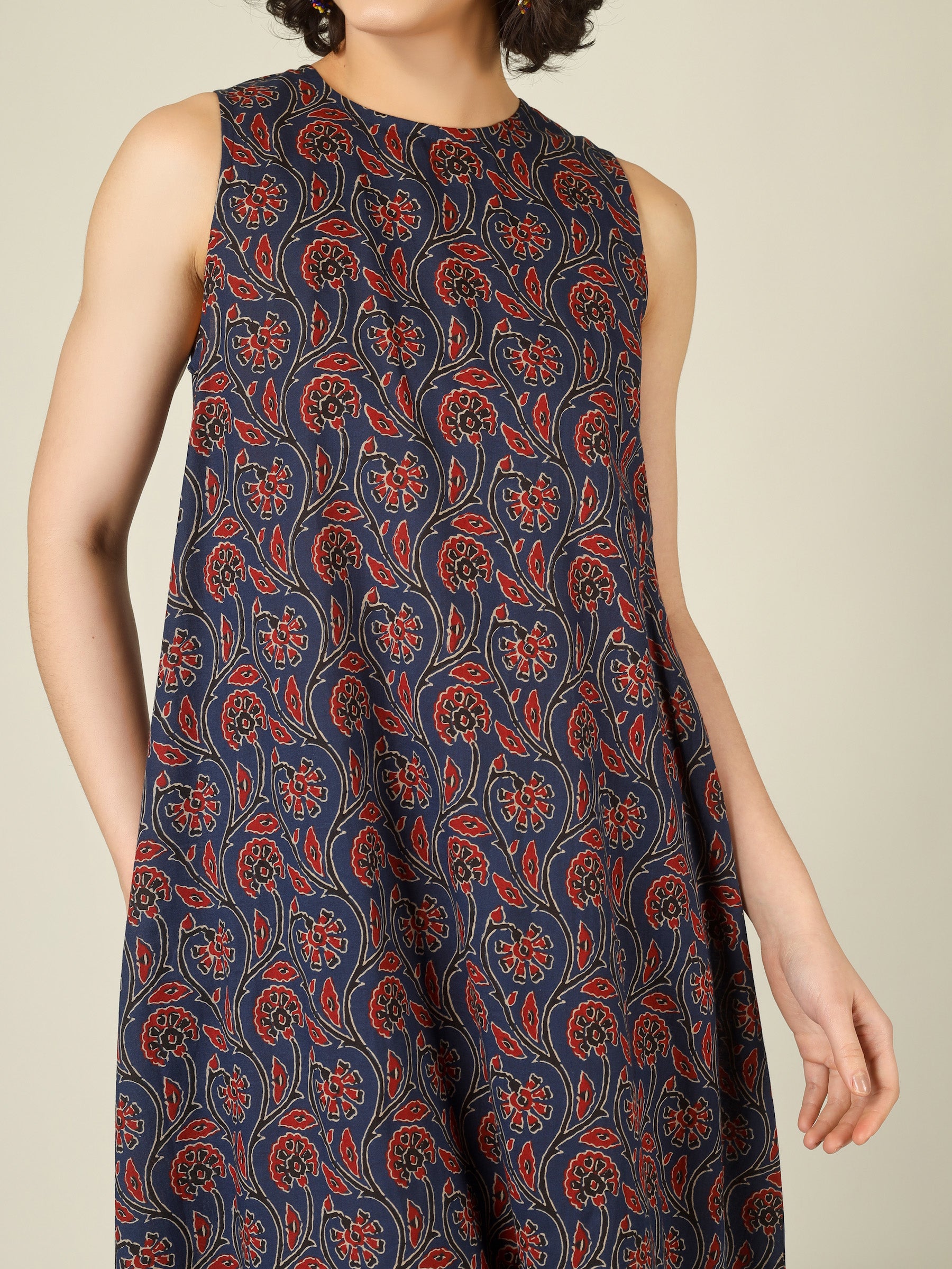 Navy Blue Printed Sleeveless A-Line Cotton Dress