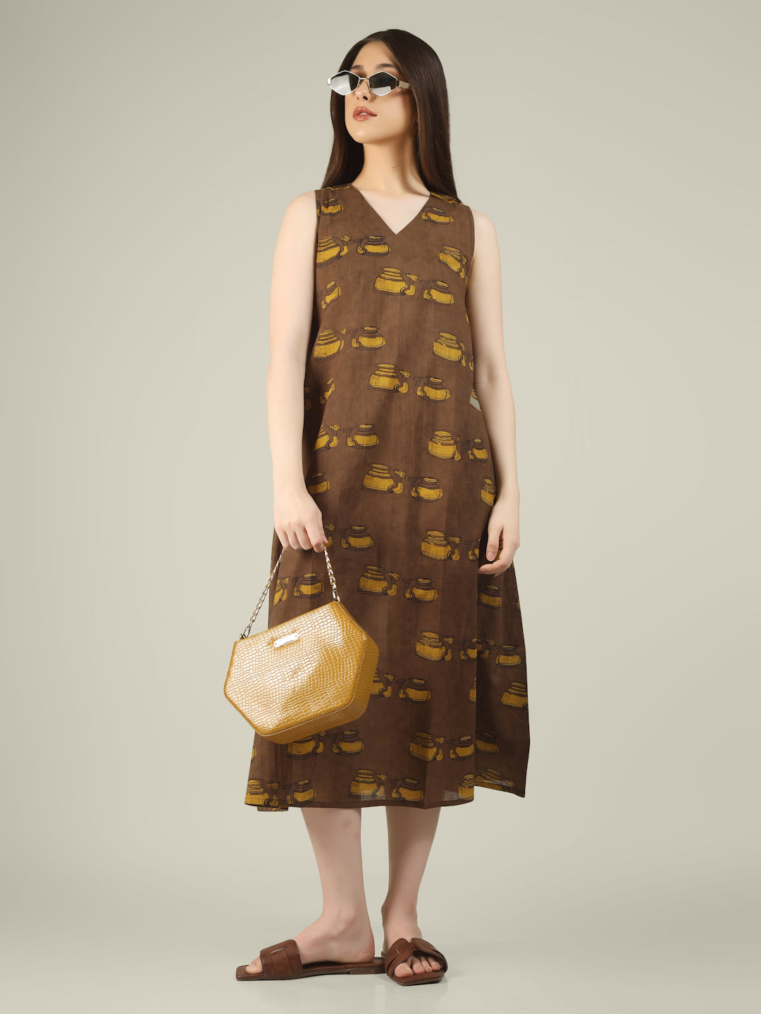 Brown Printed V-Neck Sleeveless A-Line Cotton Dress