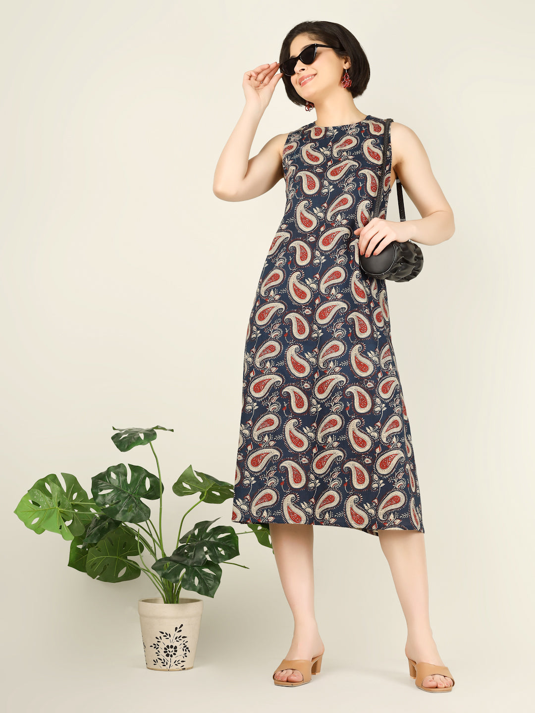 Navy Blue Printed Sleeveless A-Line Cotton Dress