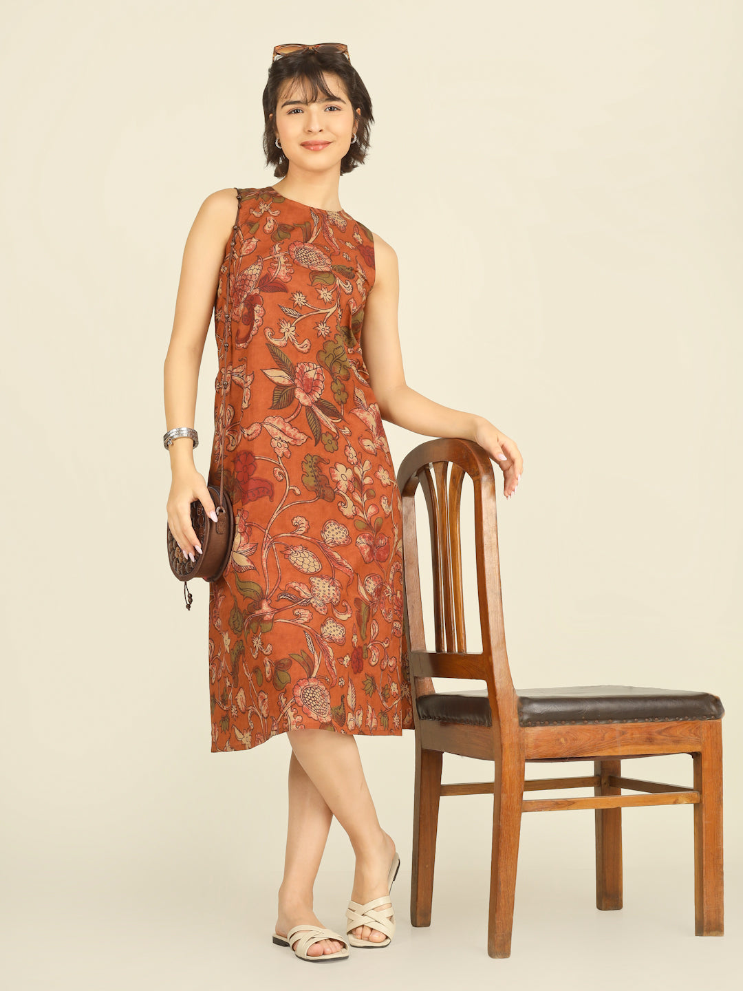 Orange Printed Sleeveless A-Line Cotton Dress