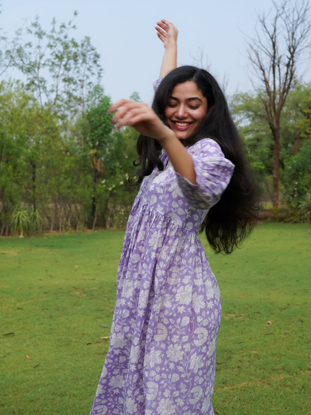 Lavender Printed Flared Cotton Dress