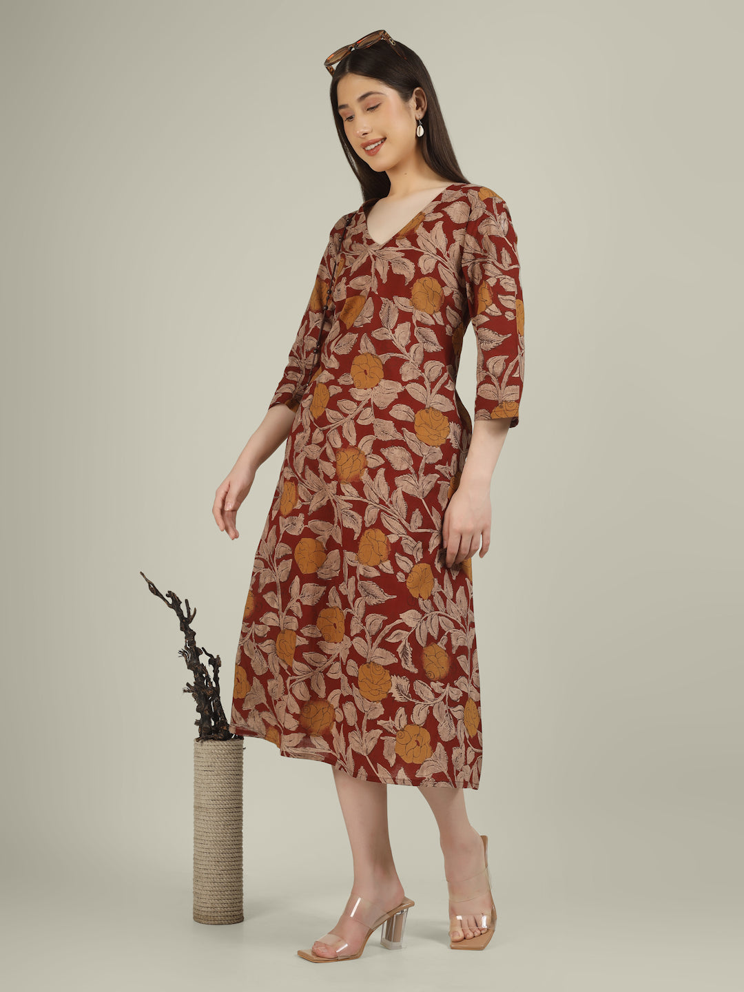 Maroon Printed 3/4th Sleeve A-Line Cotton Dress