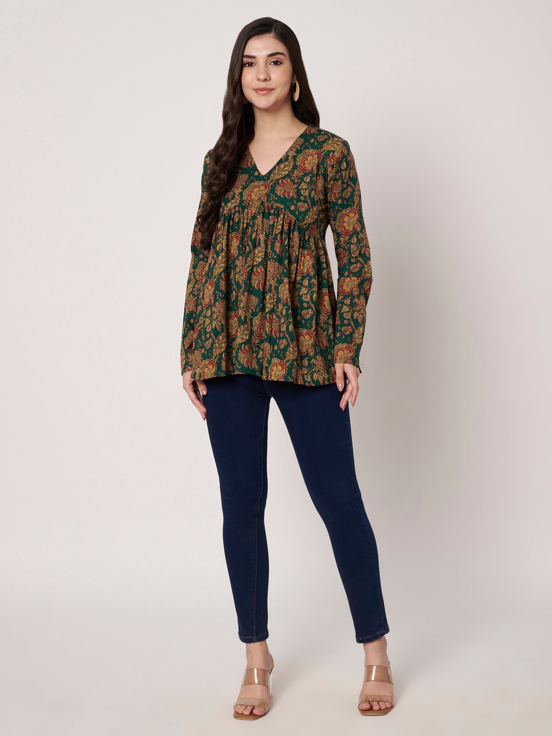 Dark Green Printed Alia-Cut Cotton Top