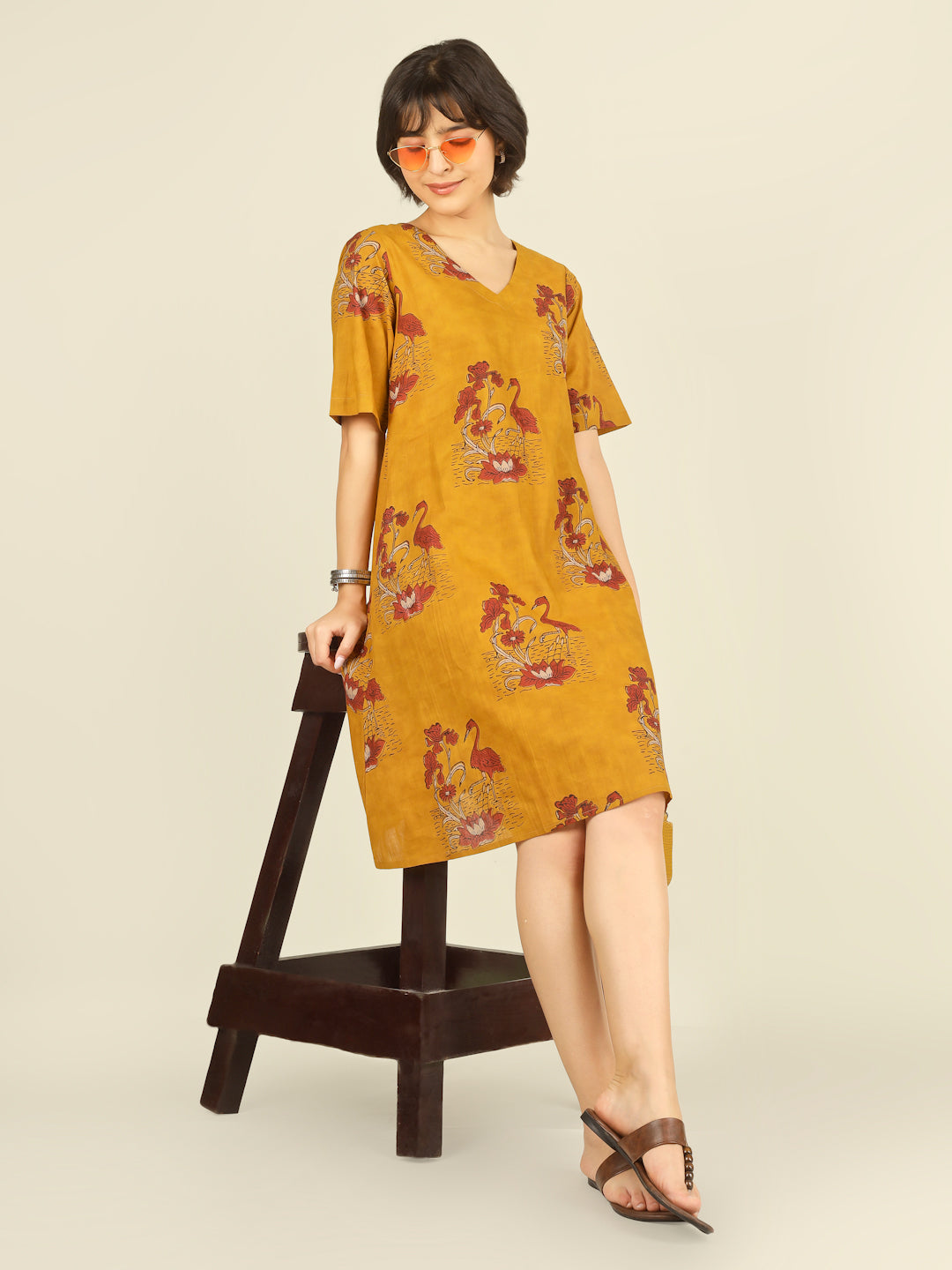 Yellow Printed Half-Sleeve A-Line Short Cotton Dress