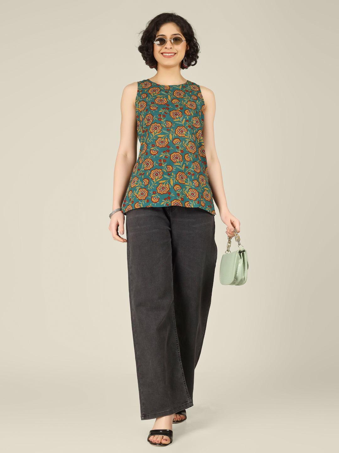 Green Printed Round Neck Sleeveless Cotton Top