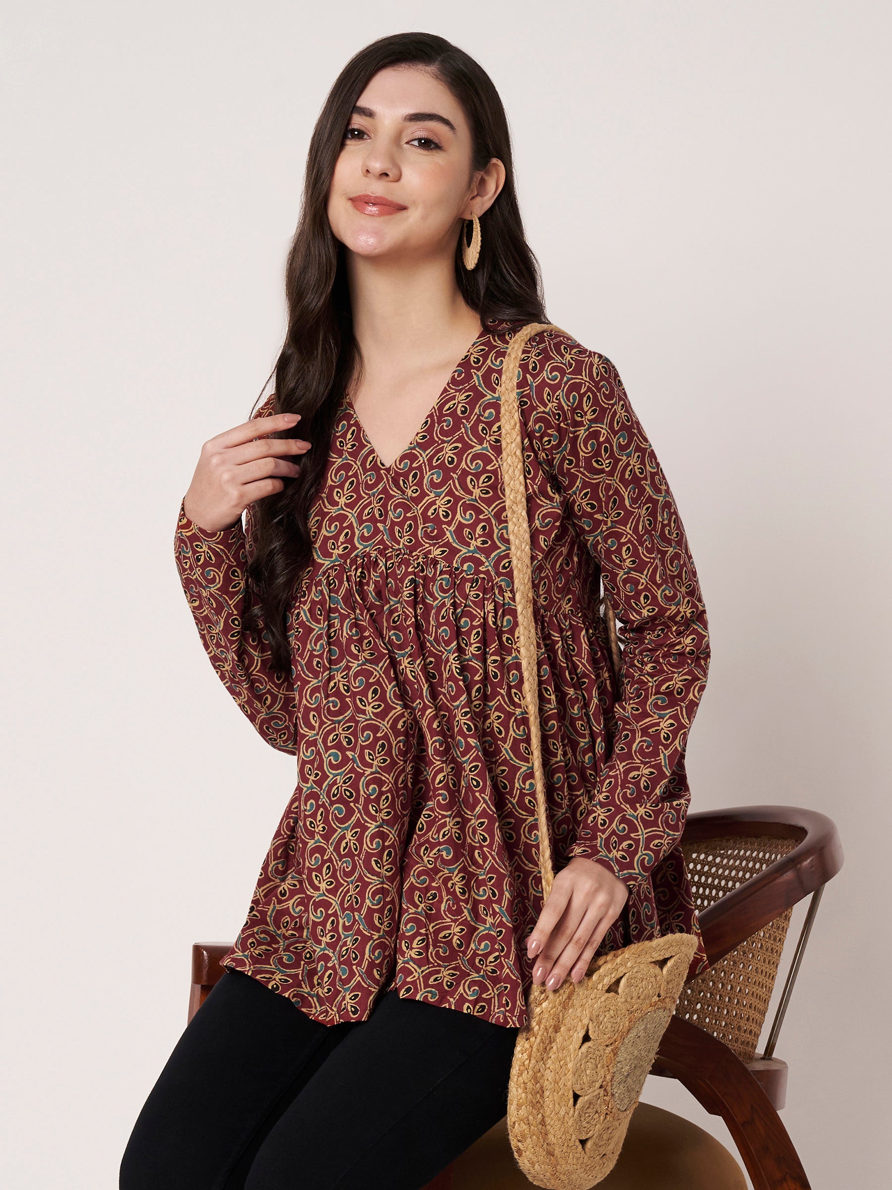 Maroon Printed Alia-Cut Cotton Top