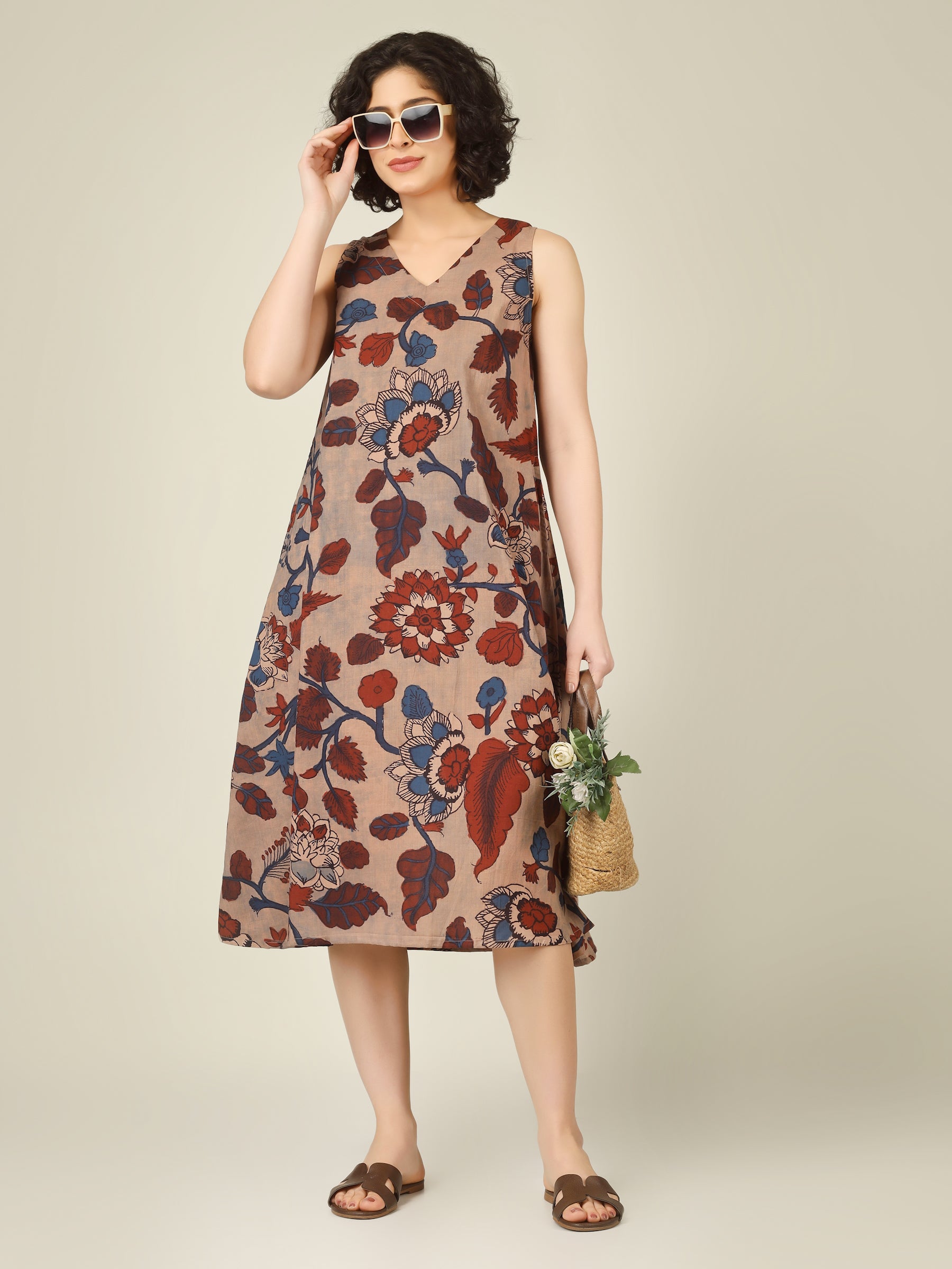 Beige Printed V-Neck Sleeveless A-Line Cotton Dress