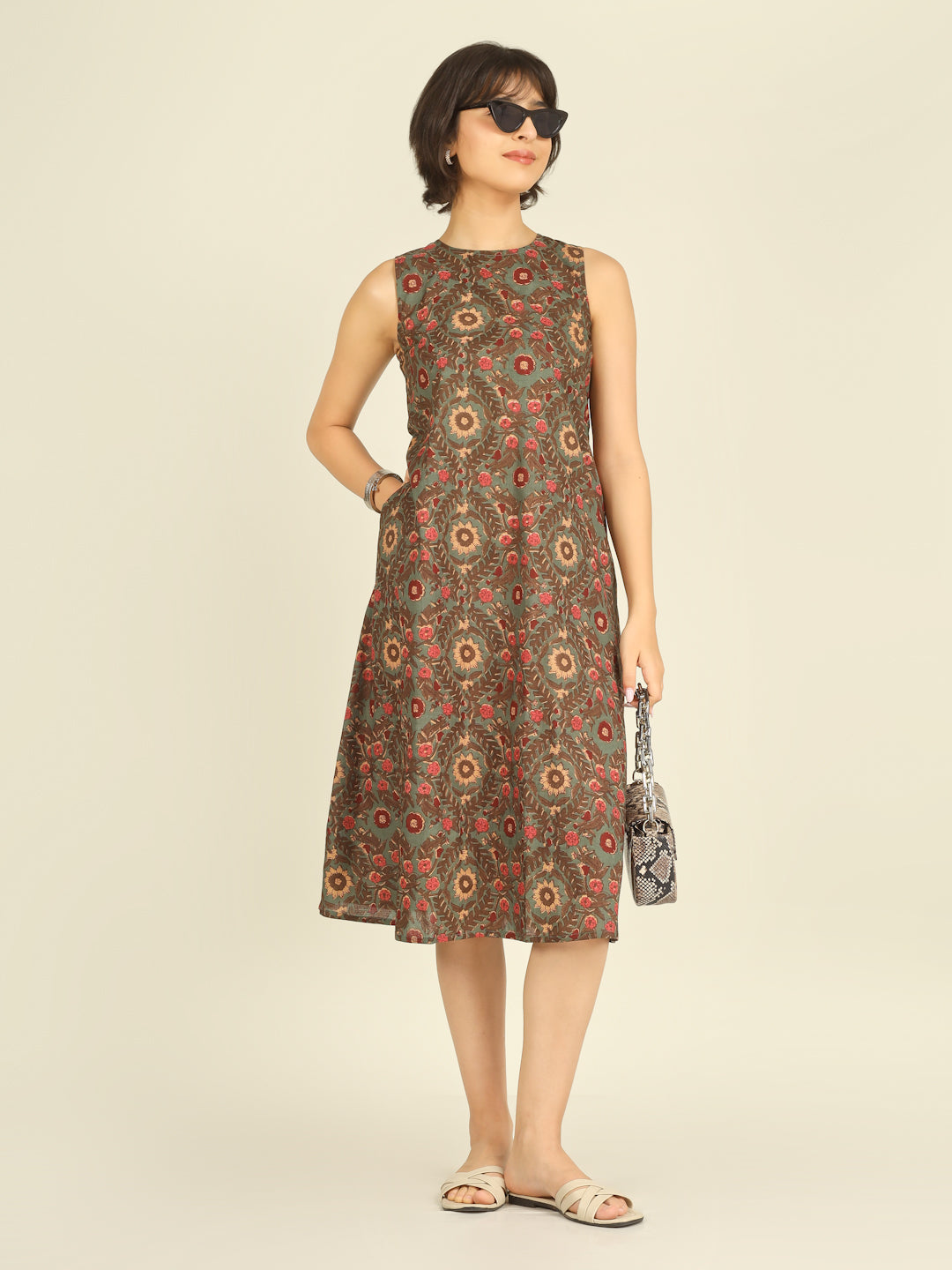 Green Printed Sleeveless A-Line Cotton Dress