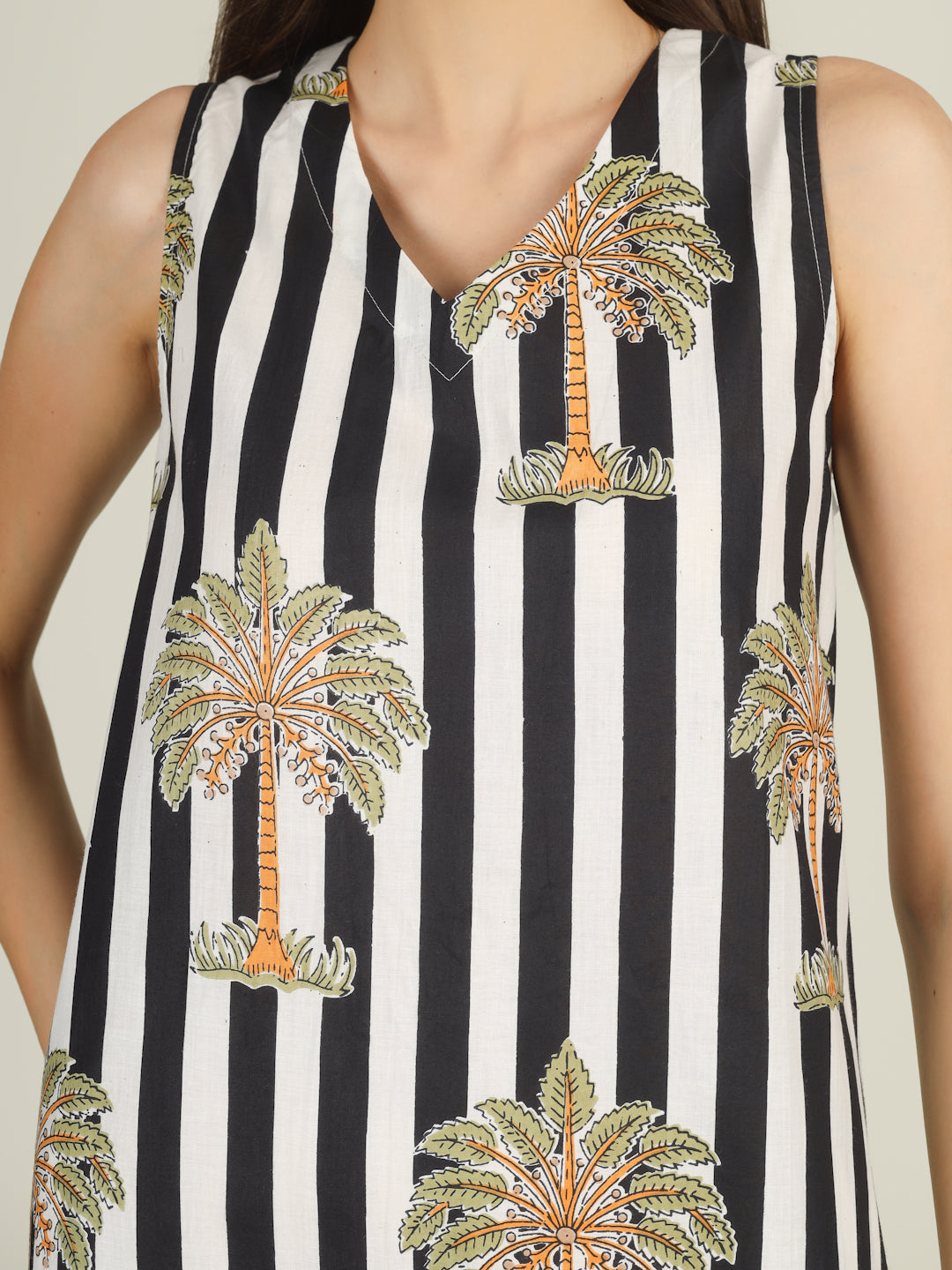 Black Striped V-Neck Sleeveless A-Line Cotton Dress