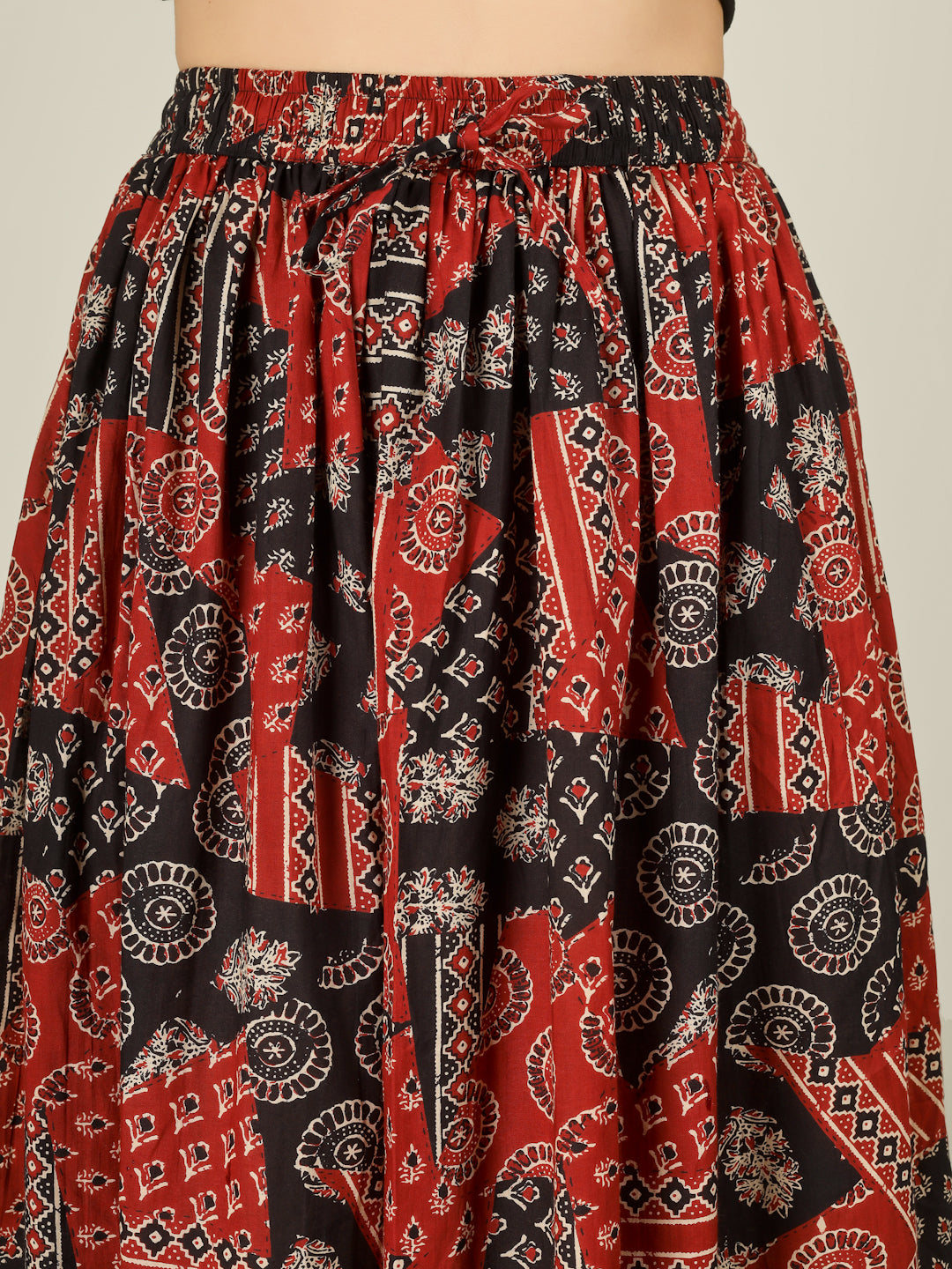 Red and Black Printed Cotton Maxi Skirt