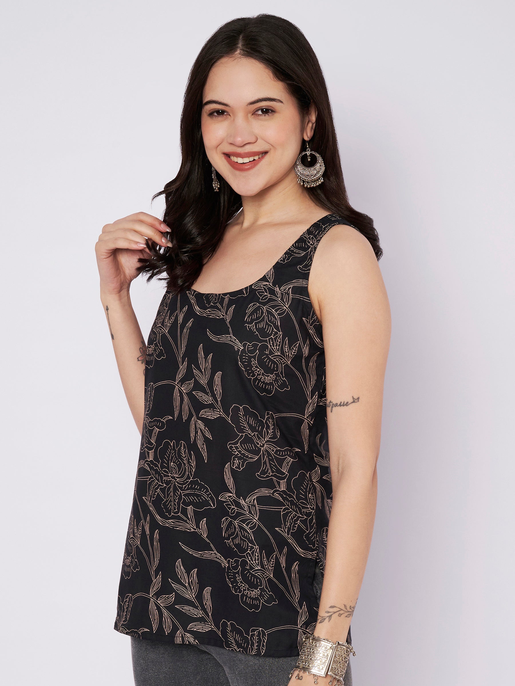 Black Printed Sleeveless Cotton Top