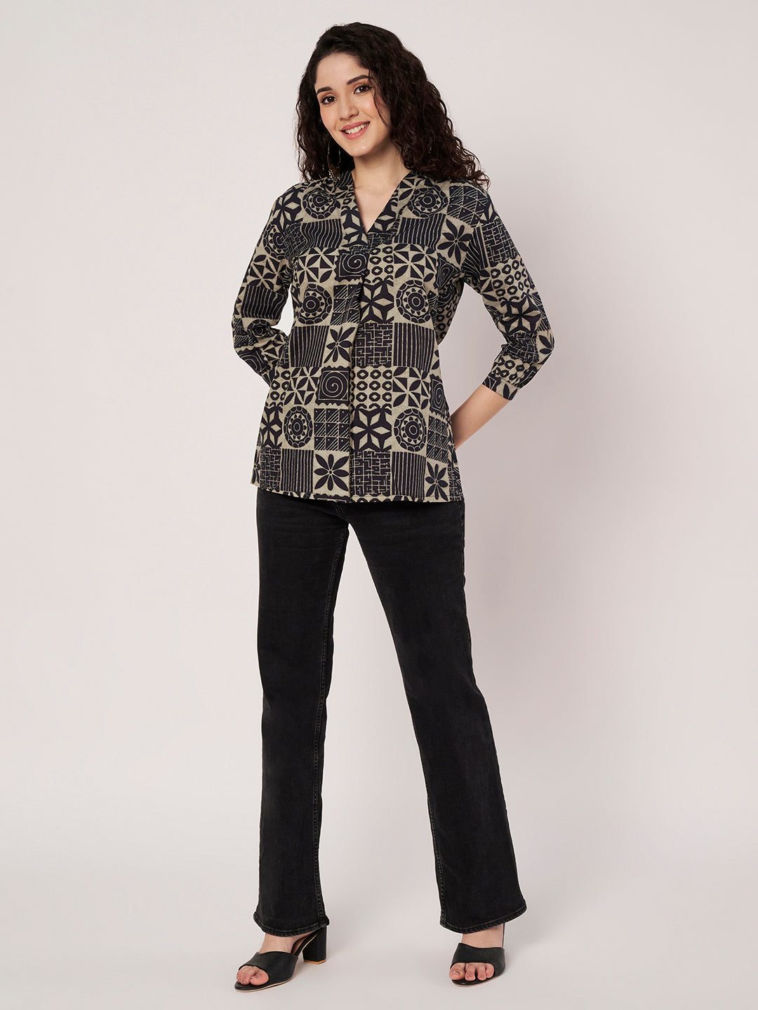 Navy Blue Printed V-Neck Cotton Top