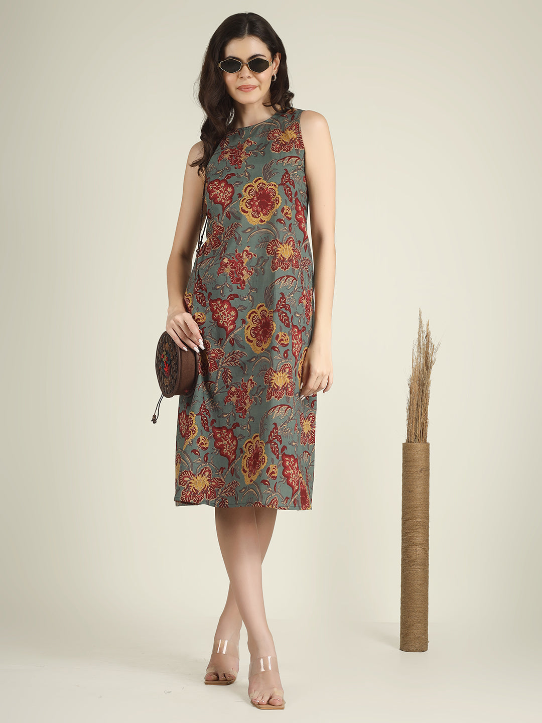 Green Printed Sleeveless A-Line Cotton Dress