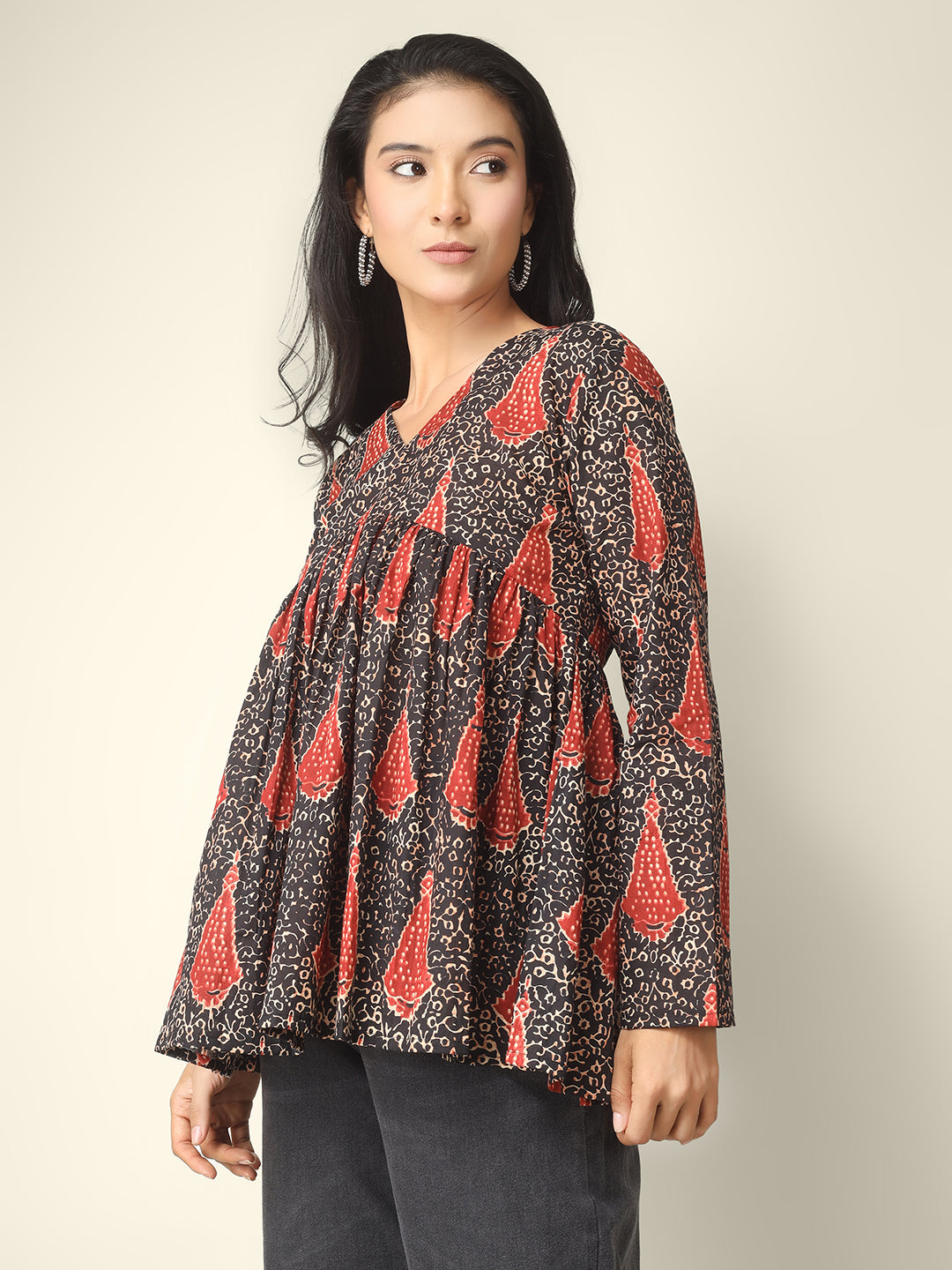 Black Printed Alia-Cut Cotton Peplum Top