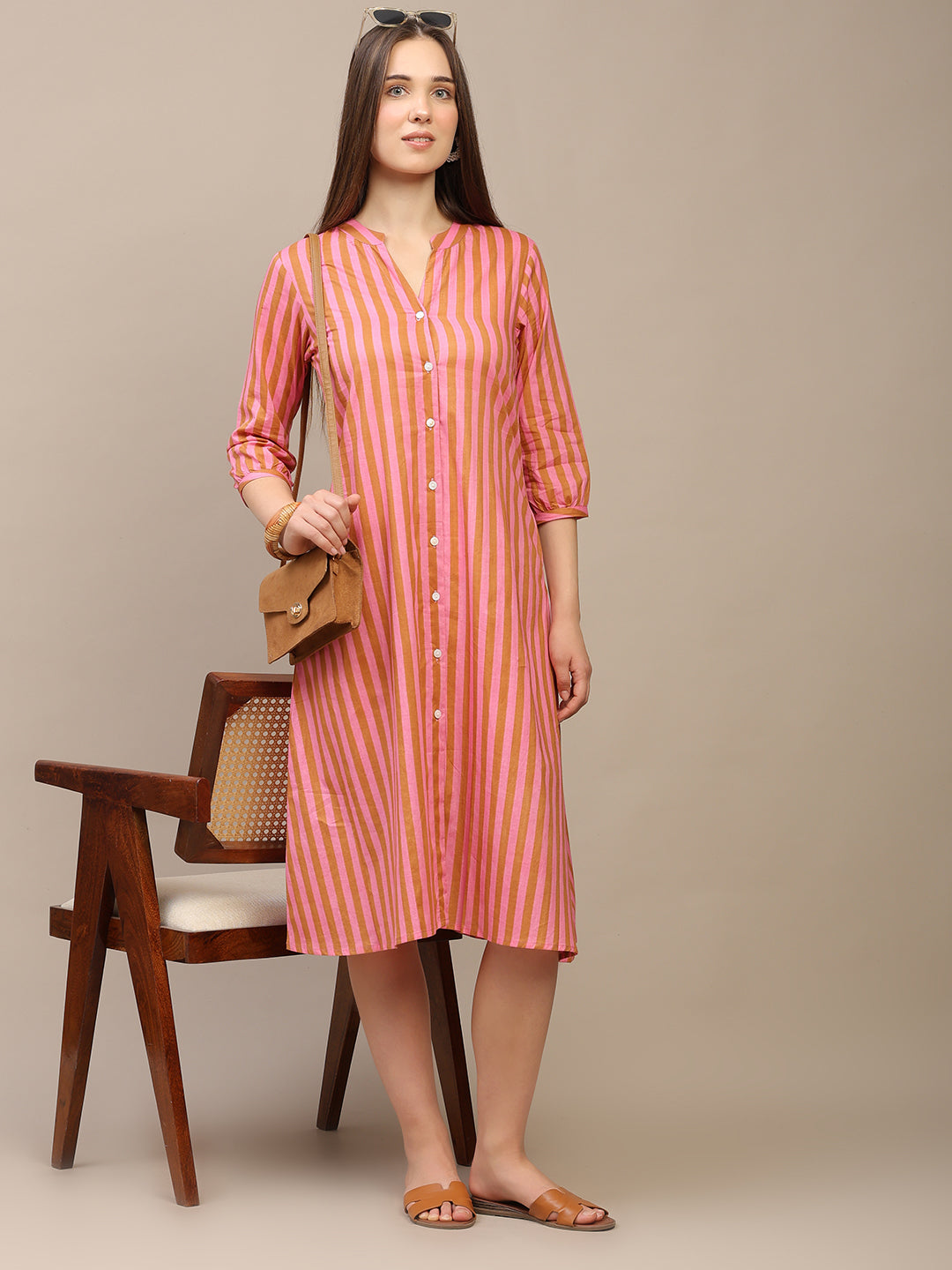 Peach Striped A-Line Cotton Dress