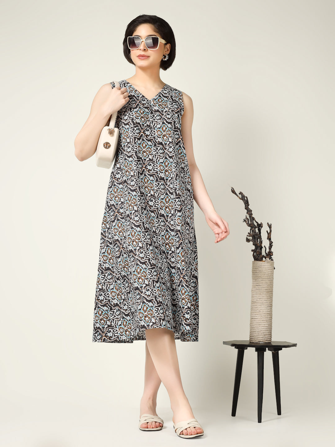 Black Printed Sleeveless V-Neck A-Line Cotton Dress