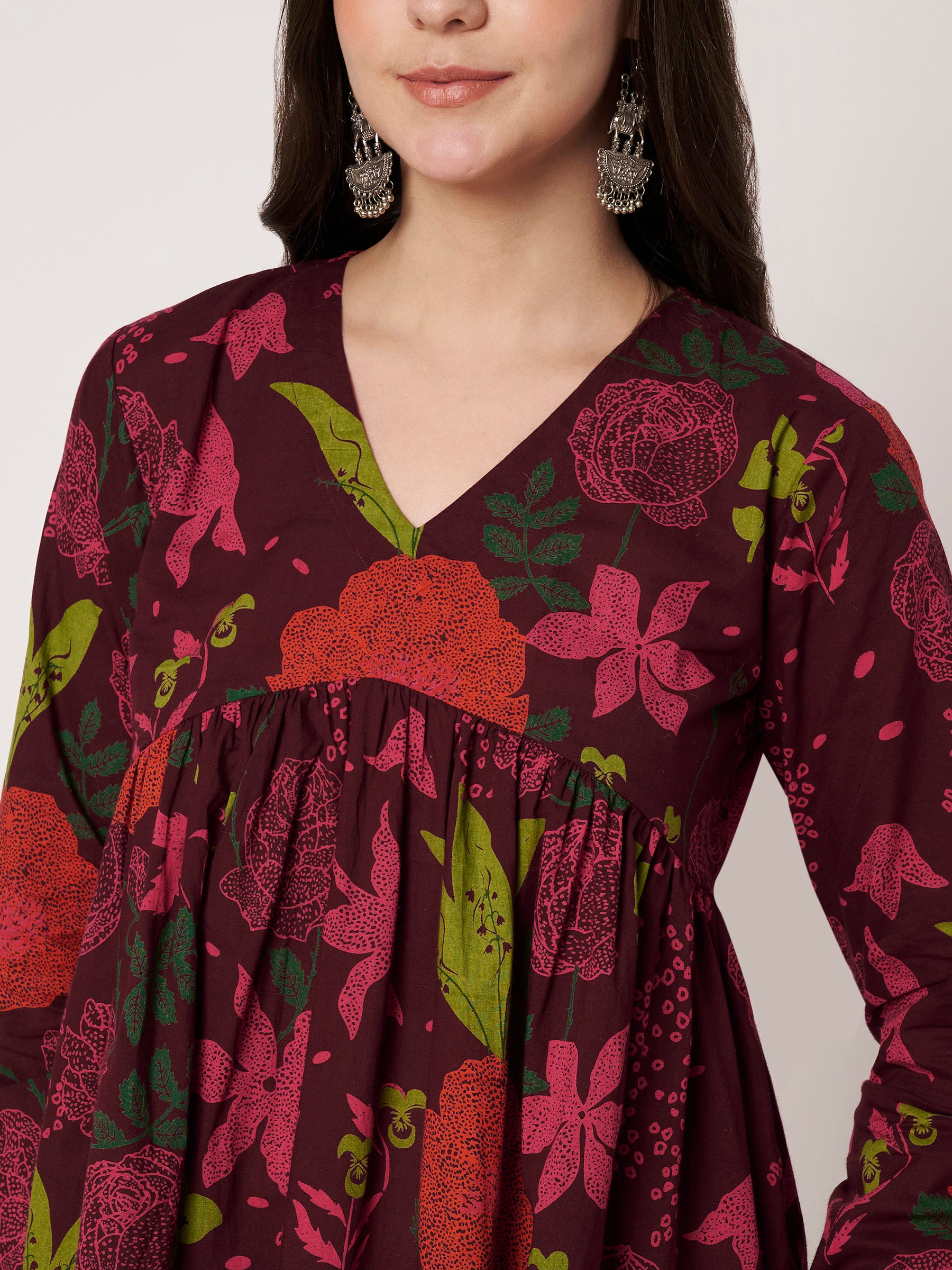 Wine Printed Alia-Cut Cotton Top