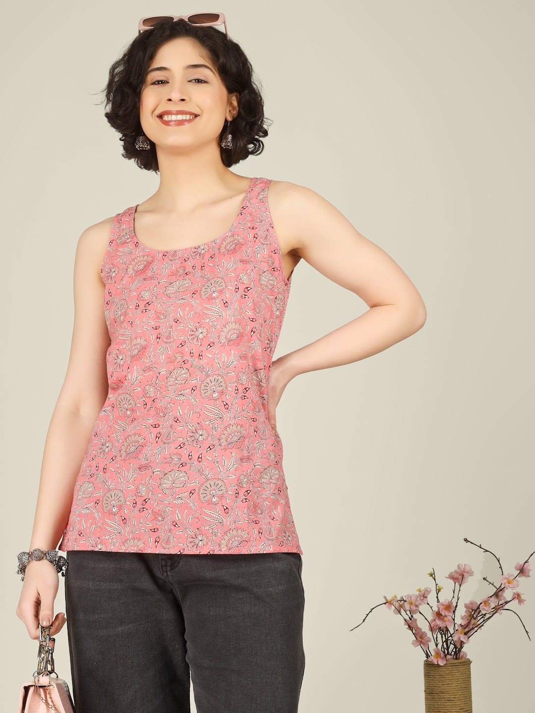 Peach Printed Round Neck Sleeveless Cotton Top