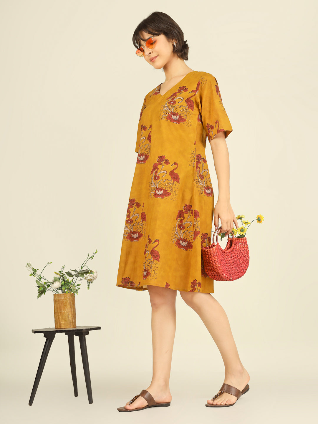 Yellow Printed Half-Sleeve A-Line Short Cotton Dress