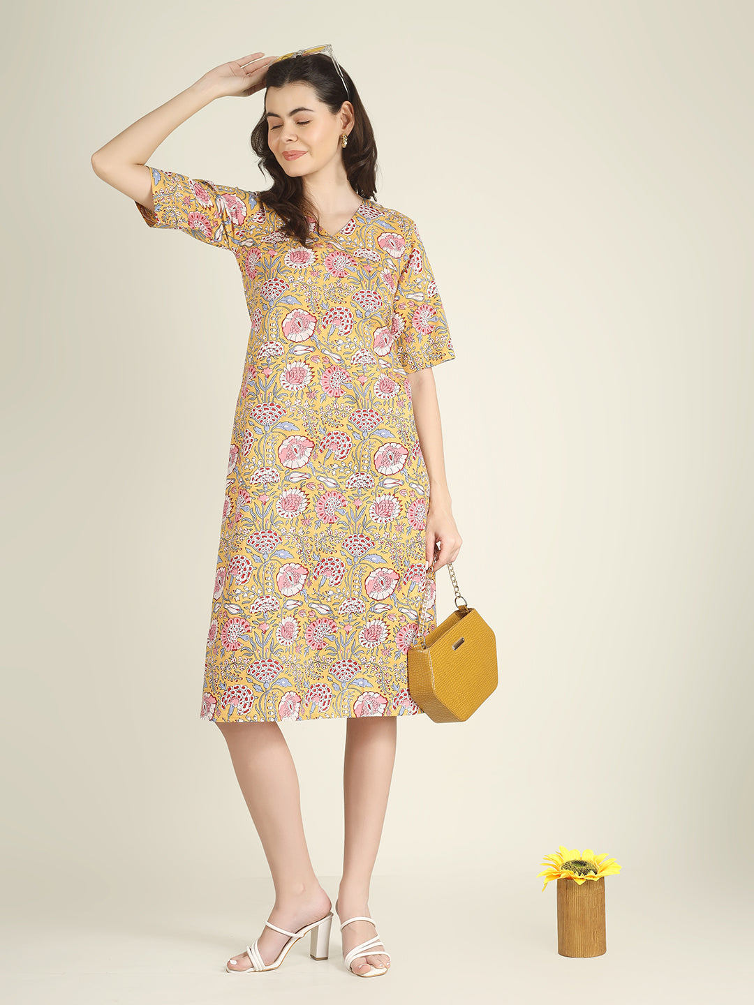 Yellow Printed Half-Sleeve A-Line Cotton Dress