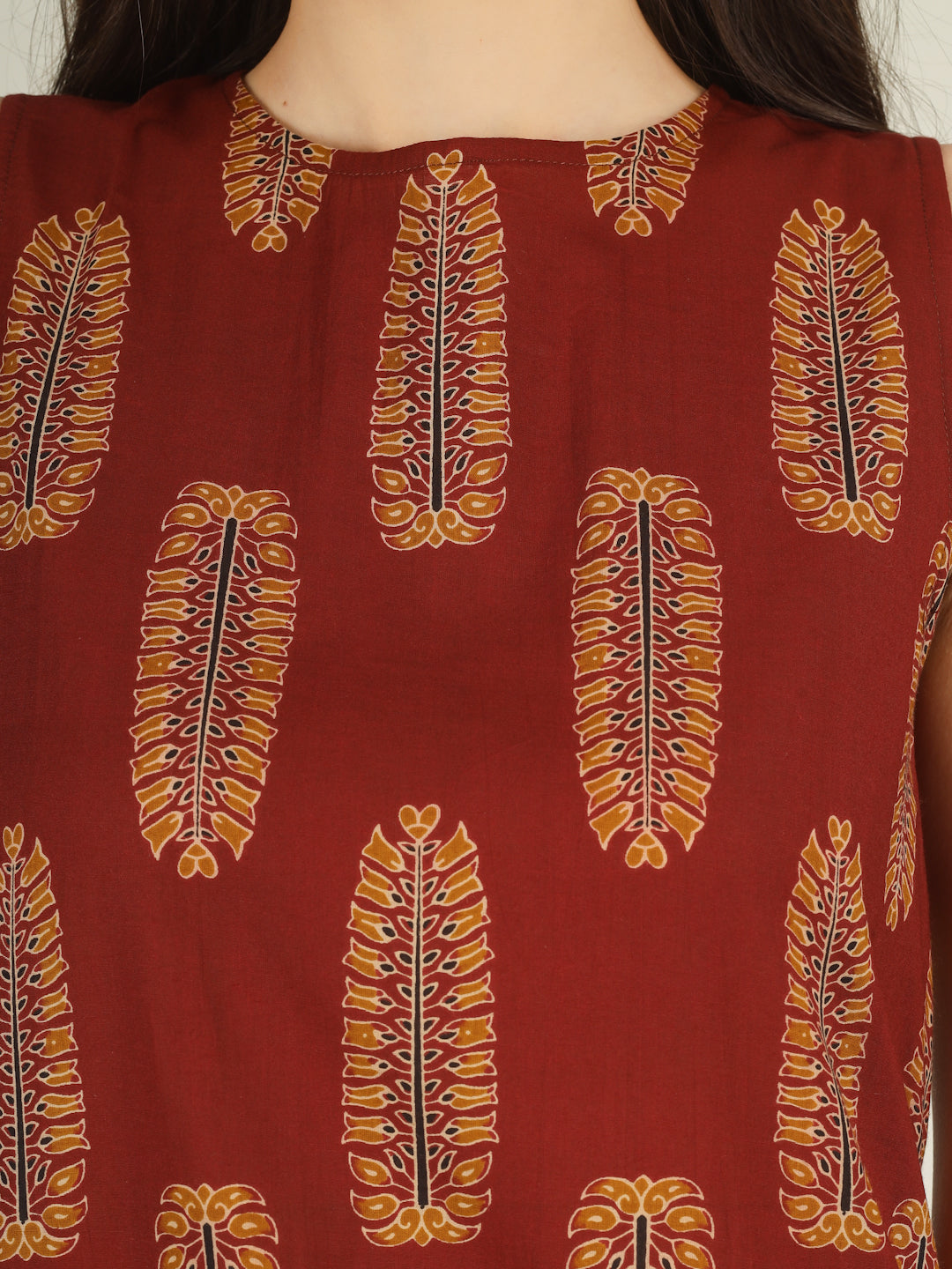 Maroon Printed Sleeveless A-Line Cotton Dress