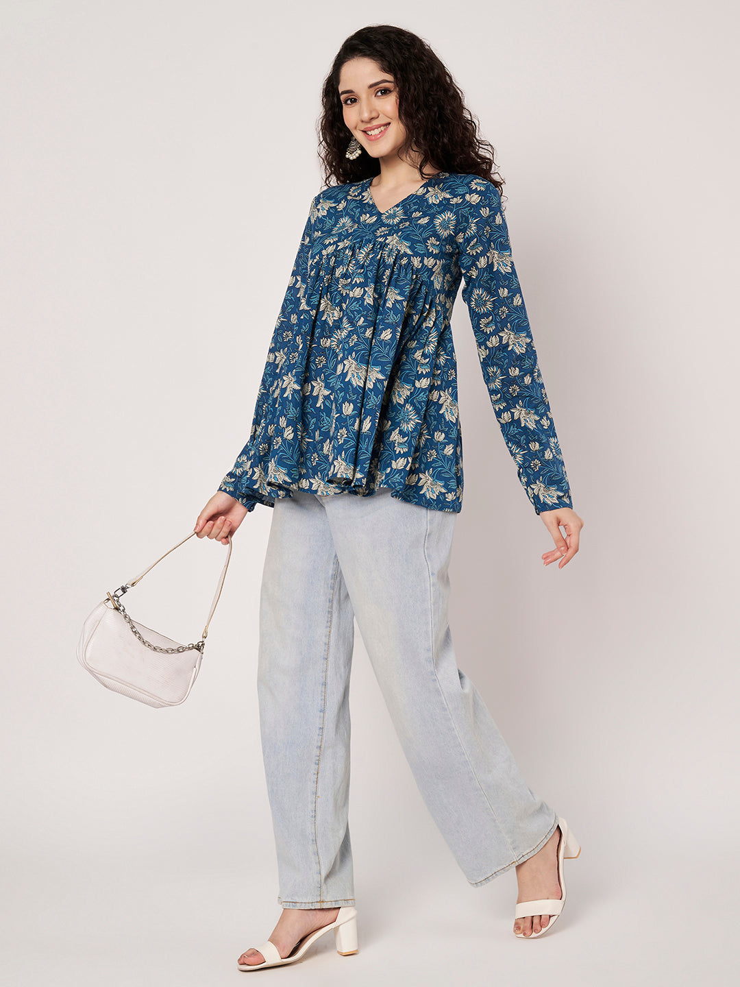 Blue Printed Alia-Cut Cotton Top