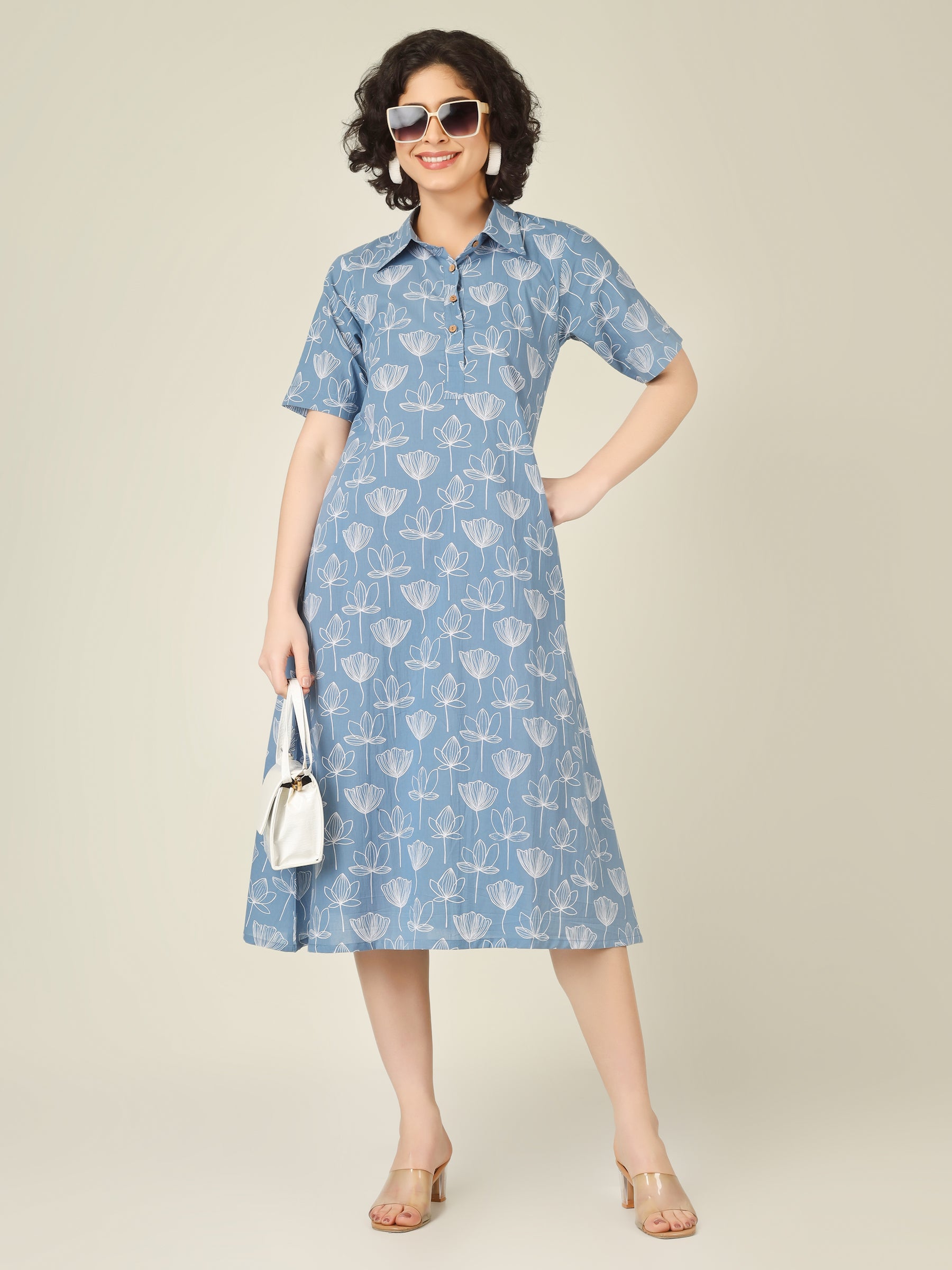 Sky Blue Printed A-Line Cotton Shirt Dress
