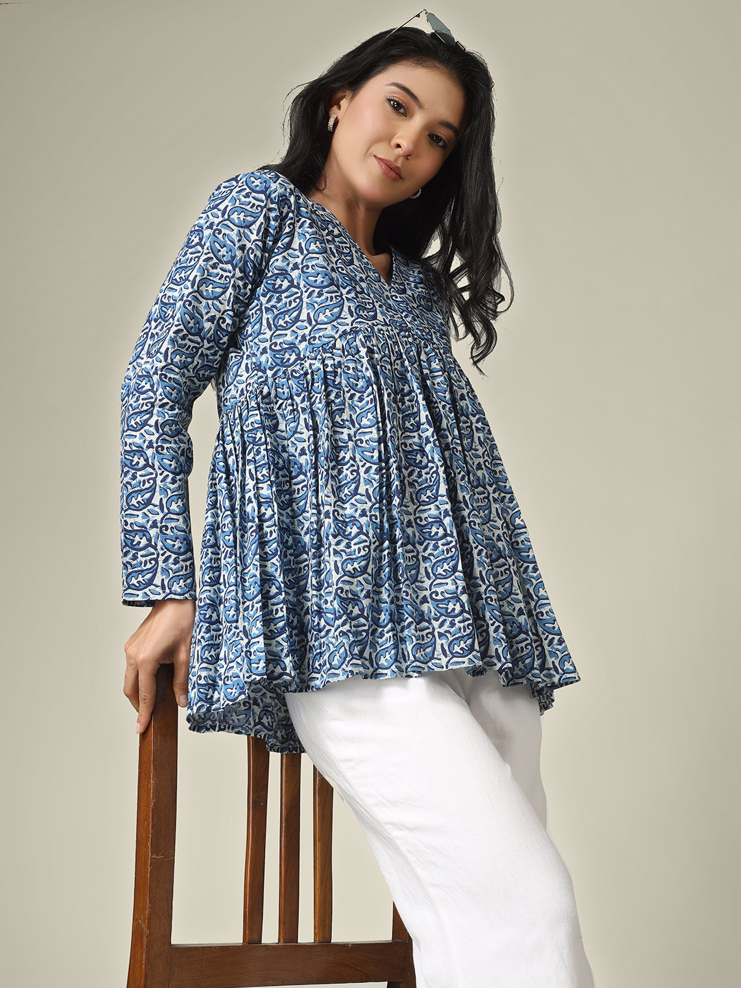 Blue Printed Alia-Cut Cotton Peplum Top