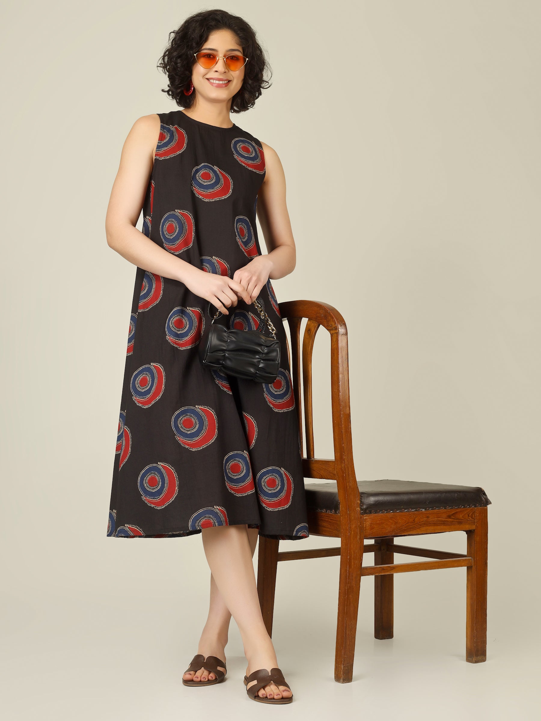 Black Printed Sleeveless A-Line Cotton Dress