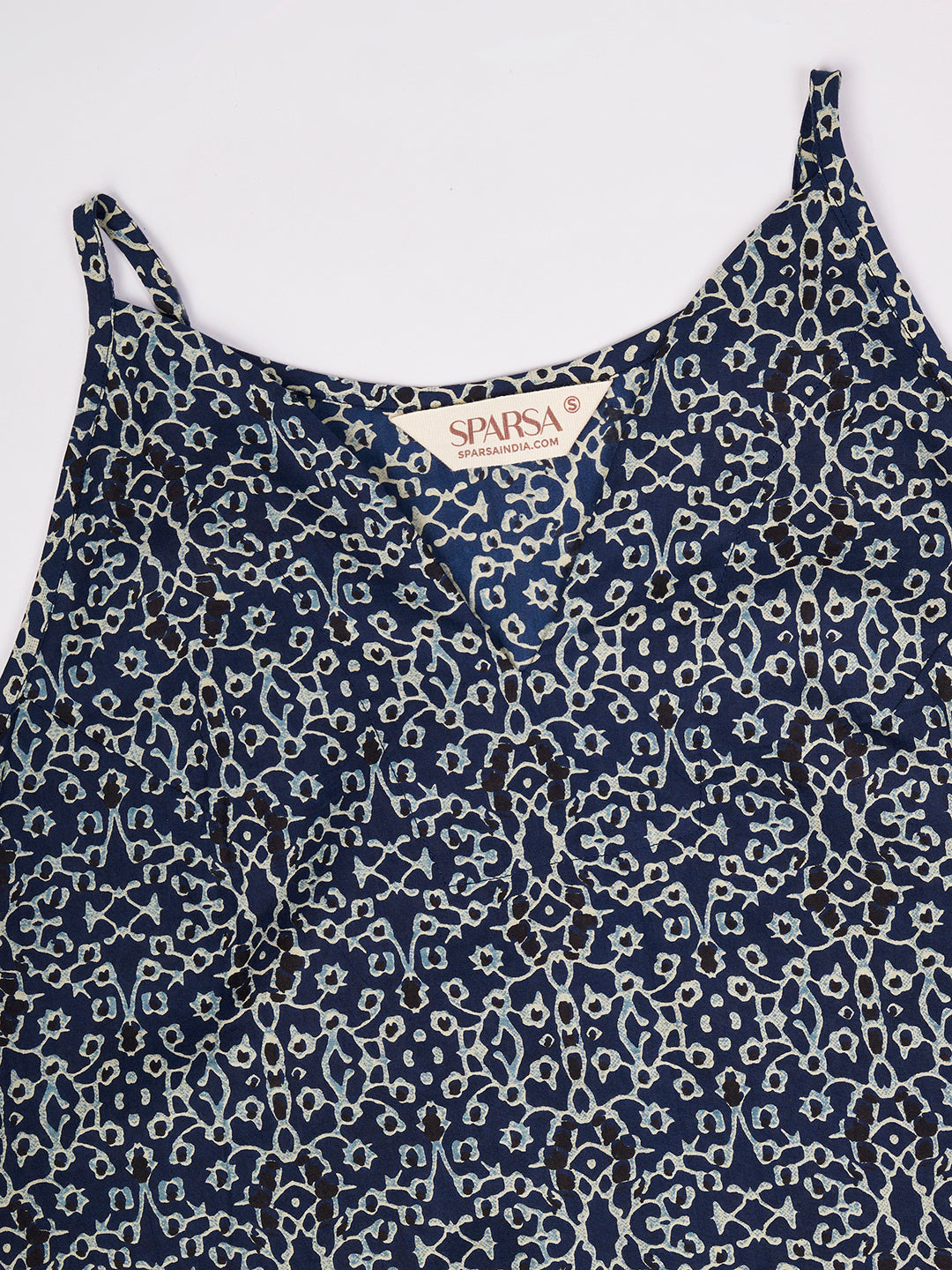 Blue Printed Sleeveless A-Line Cotton Dress