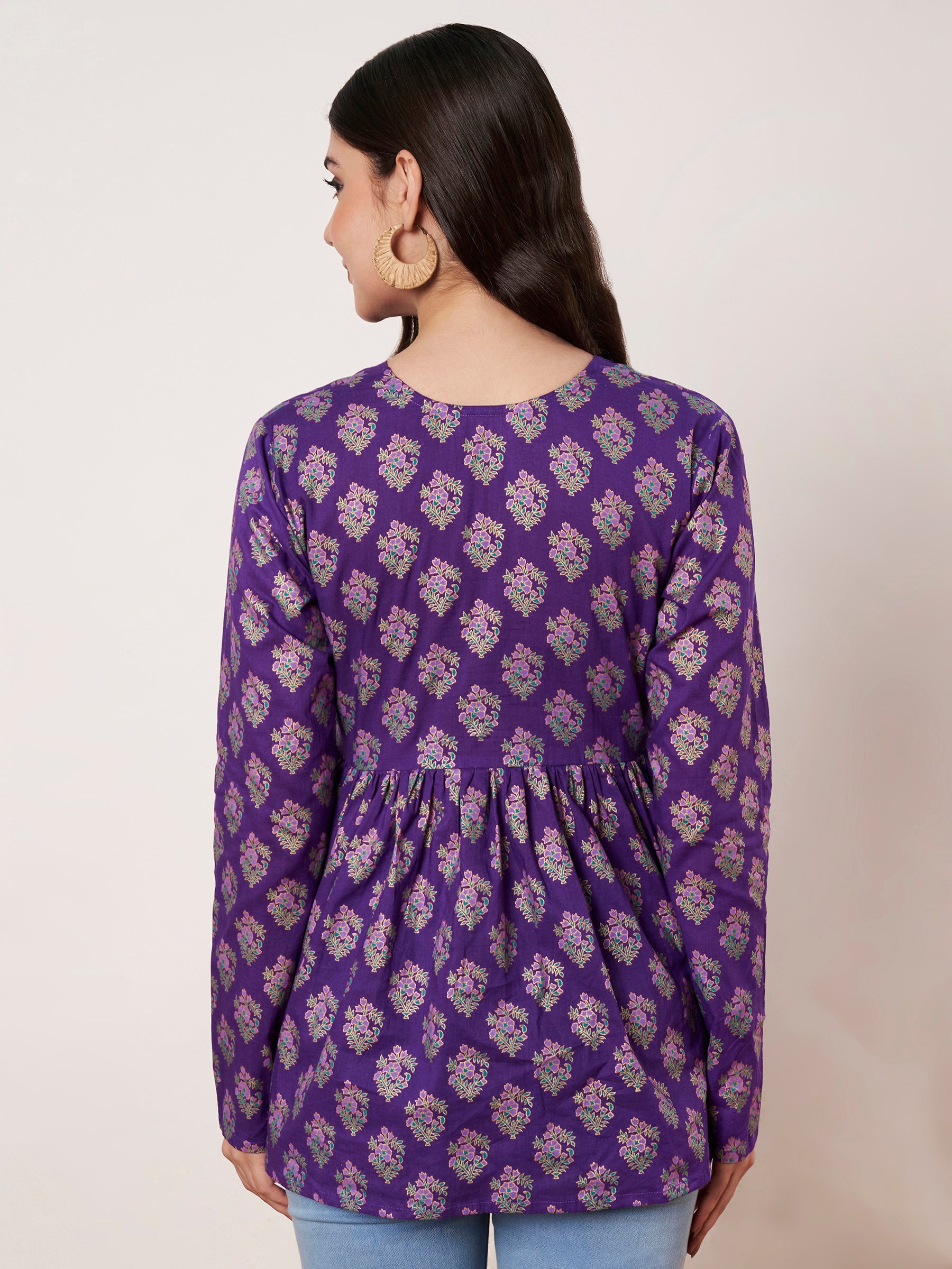 Purple Printed Alia-Cut Cotton Top